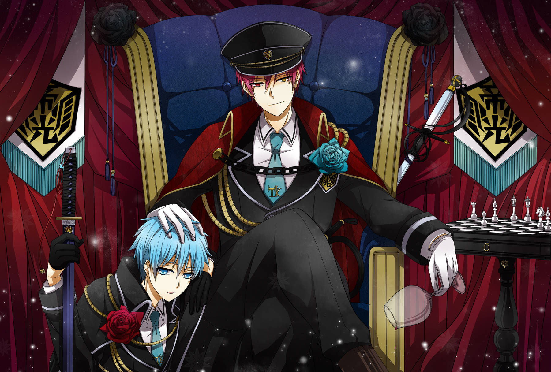 Kuroko 桌布 壁紙 — 兩個動漫角色穿著正式制服，在星空背景下手持劍和棋子，威嚴地坐在王座上。