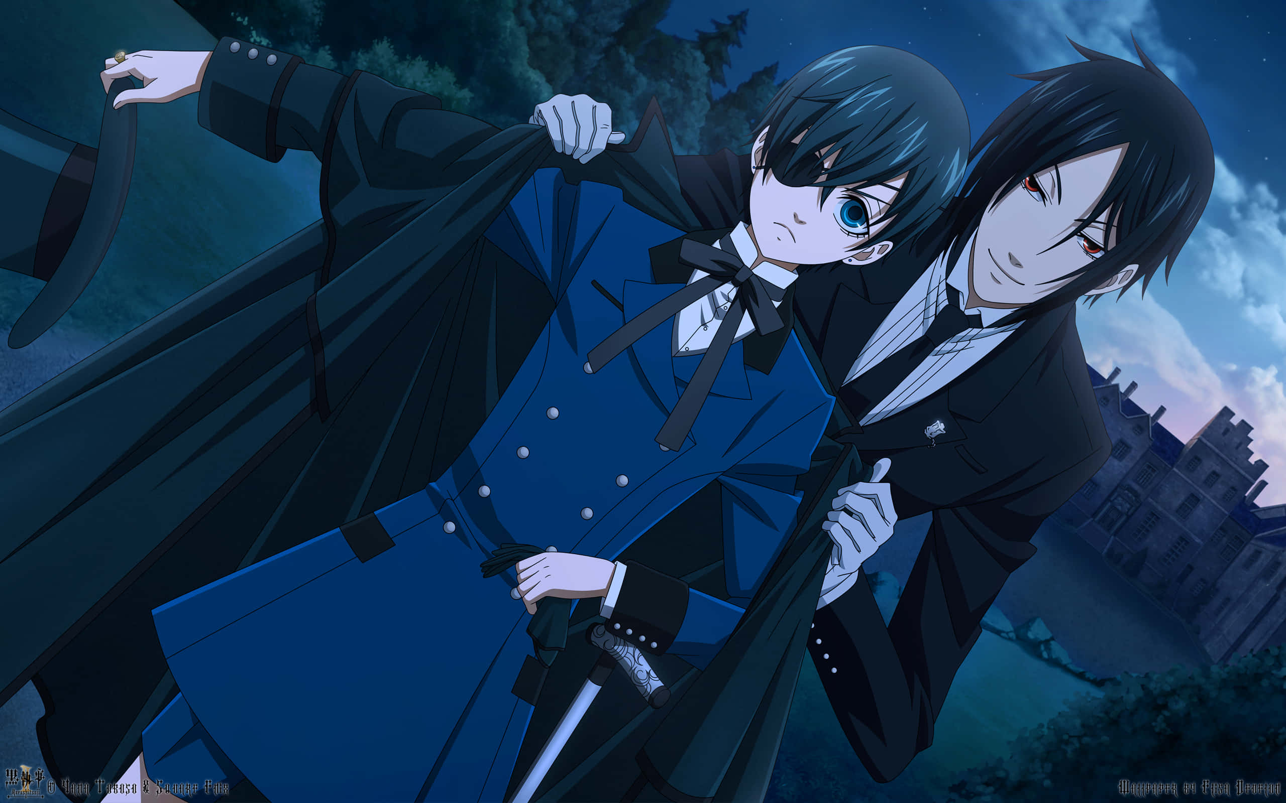 Black Butler 桌布 壁紙 — 兩個動漫角色穿著正式服裝，在星空下以月光照耀的哥德式豪宅背景戲劇性地站立。