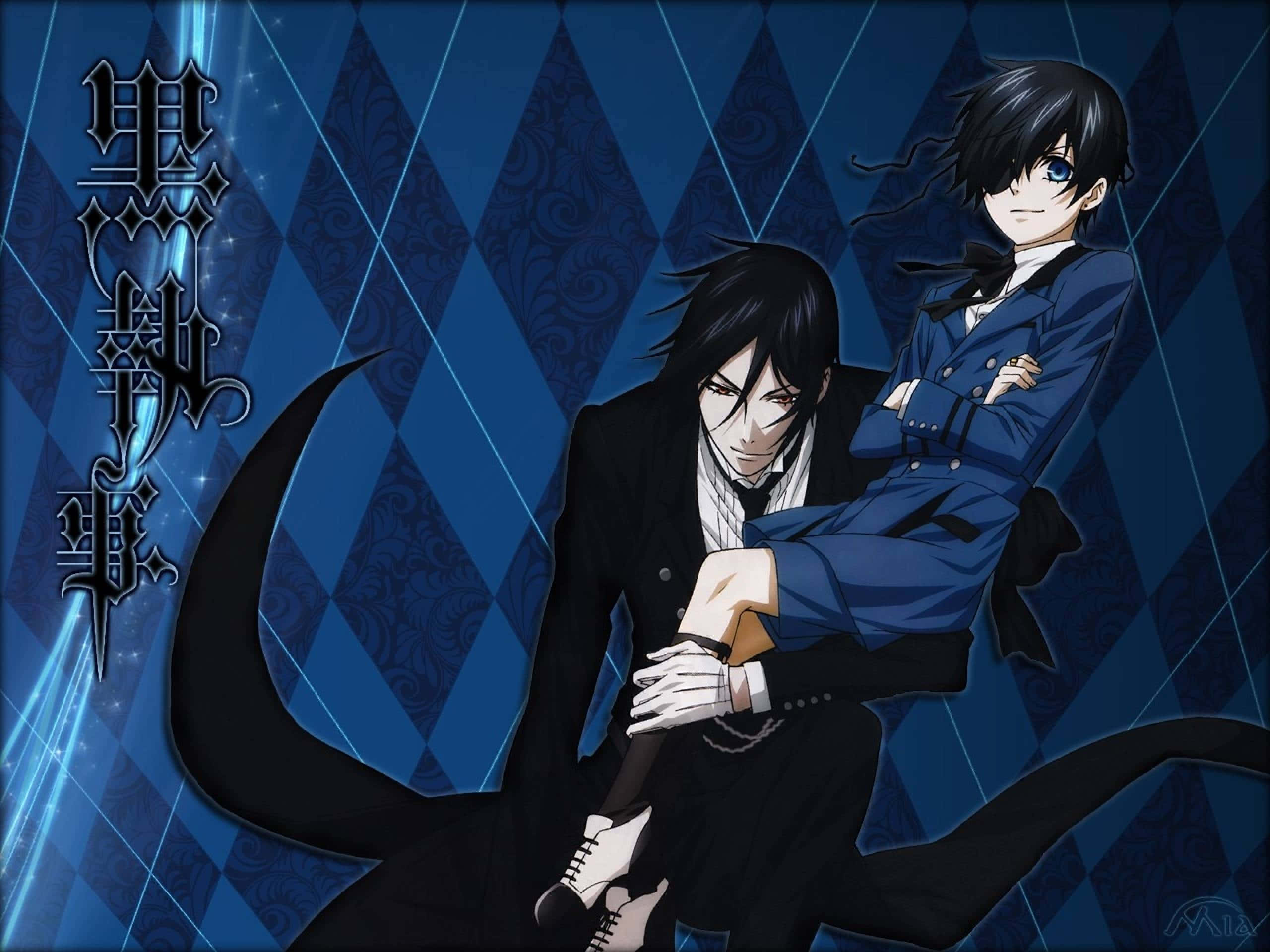 Black Butler 桌布 壁紙 — 兩個動漫角色穿著正式服裝，在藍色鑽石圖案背景前擺姿勢，背景有發光線條和日文字。