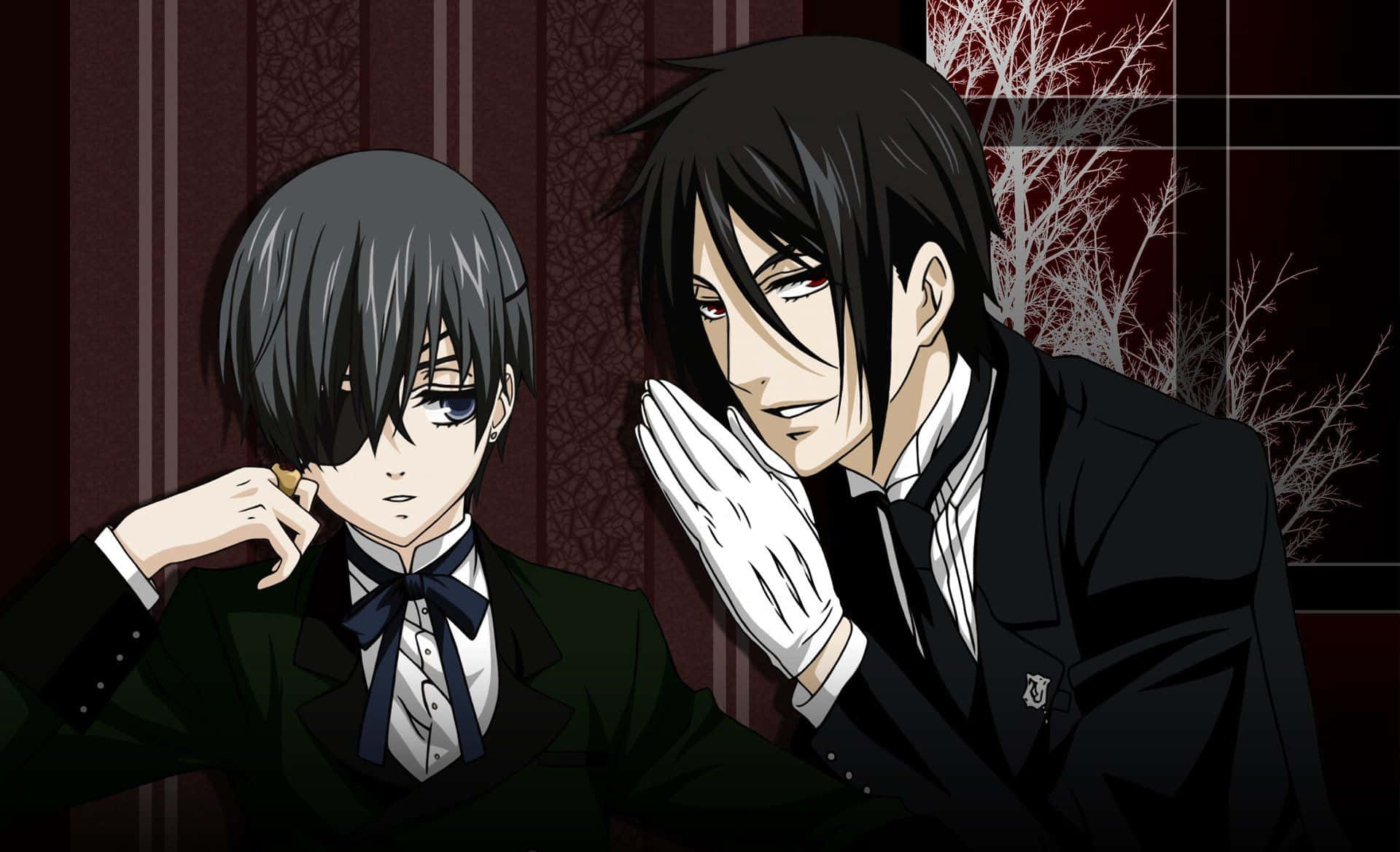 Black Butler 桌布 壁紙 — 兩個動漫角色穿著正式西裝，在深紅色圖案牆壁前親密擺姿勢，窗外可見光禿禿的樹枝。