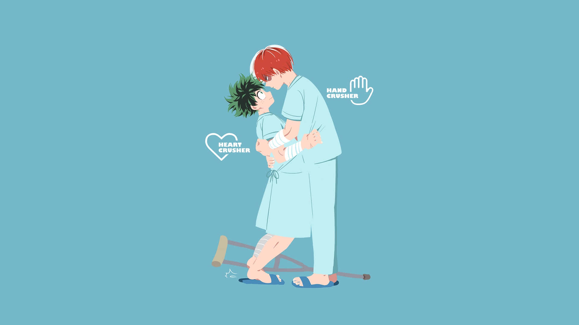 Deku And Todoroki 桌布 壁紙 — 兩個動漫角色穿著淺藍色病人服，在純青色背景前溫柔擁抱，帶有「heart crusher」和「hand crusher」標籤。