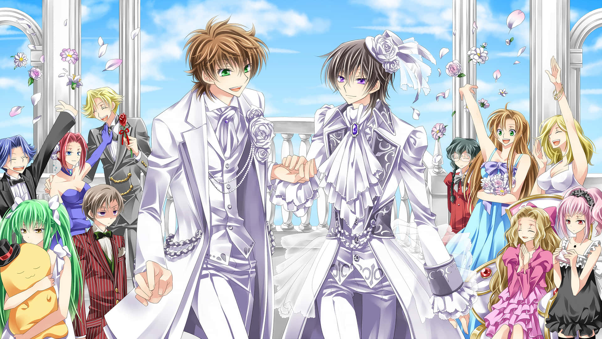 Bl Anime 桌布 壁紙 — 兩個動漫角色穿著白色婚紗在陽臺上牽手，花瓣在他們周圍飄落，賓客們歡呼雀躍。