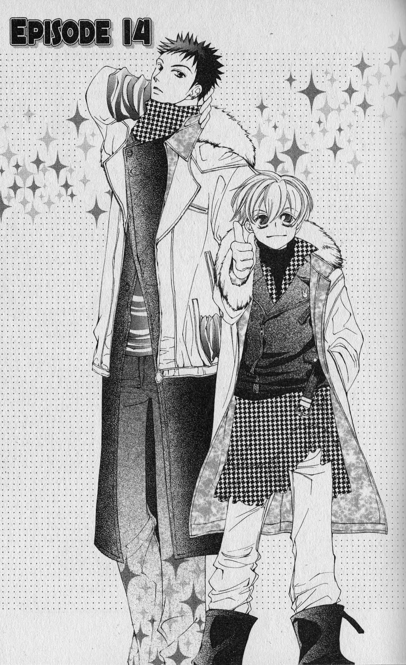 Takashi Morinozuka 桌布 壁紙 — 兩個動漫角色穿著相配的格紋服裝，自信地站在帶有「EPISODE 14」文字的星爆背景前。