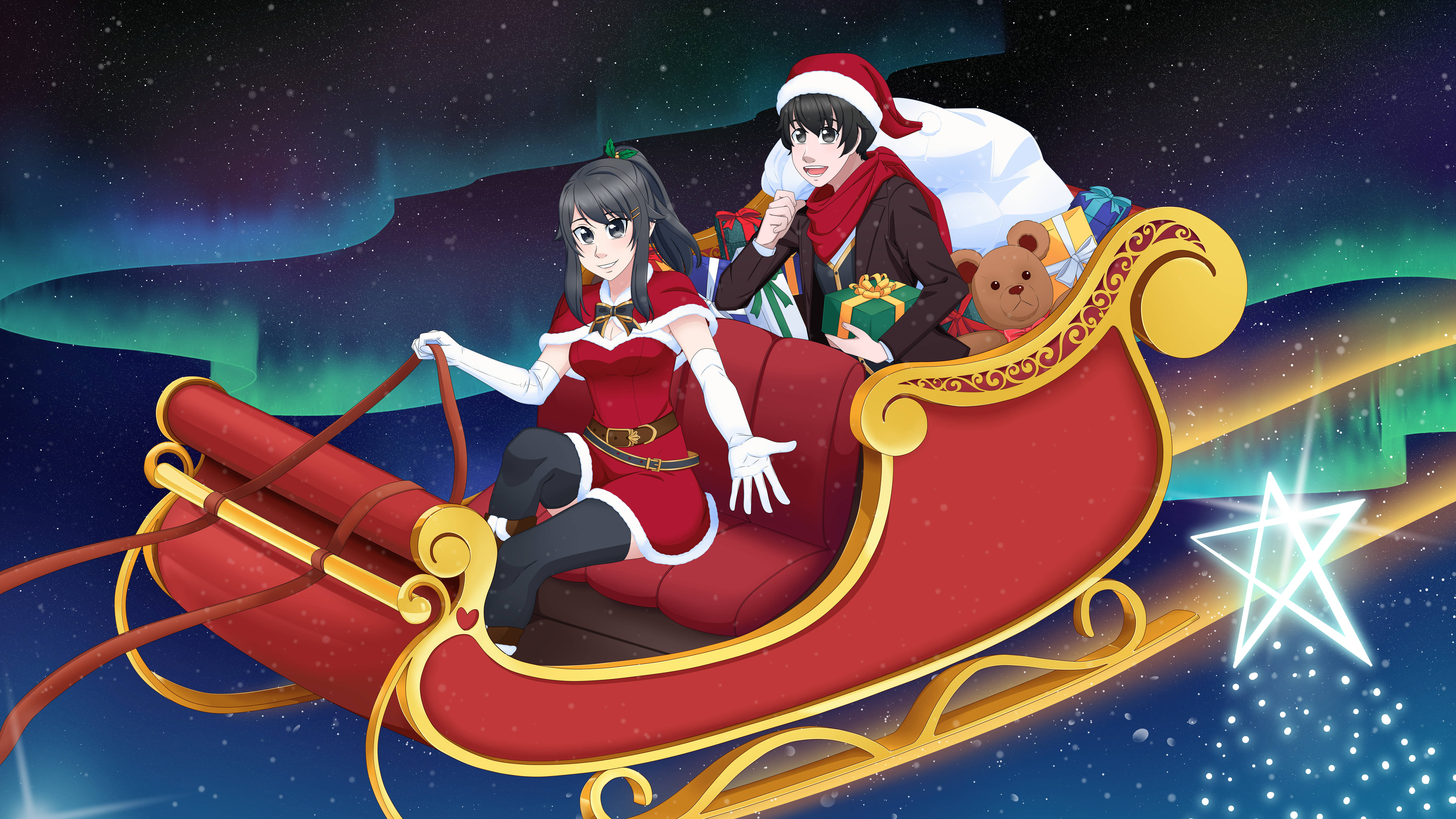 Yandere 桌布 壁紙 — 兩個動漫角色穿著節日服裝，乘坐紅色雪橇穿越星空夜空，伴有極光和閃爍的星星。