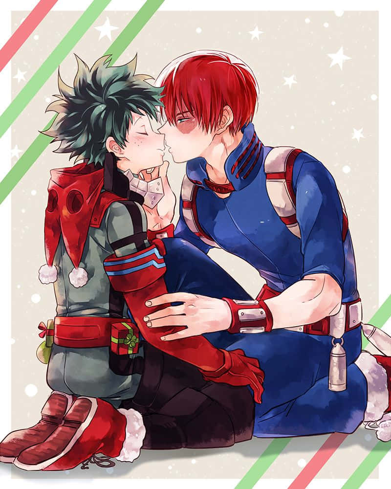 My Hero Academia Anime 桌布 壁紙 — 兩個動漫角色穿著節日服裝，在飄雪和背景的星形斜紋下深情接吻。