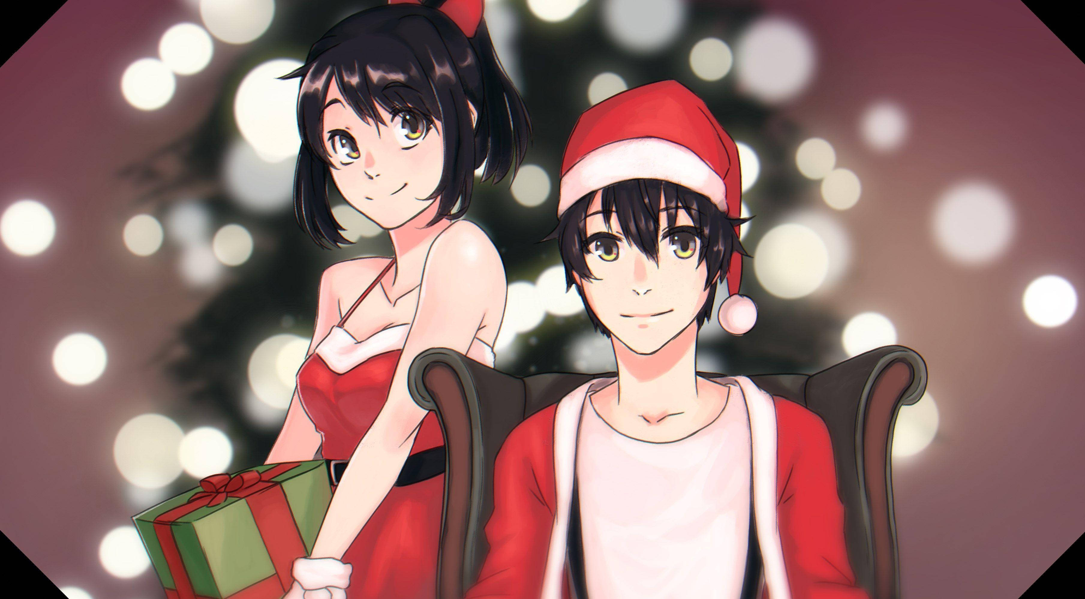 Yandere 桌布 壁紙 — 兩個動漫角色穿著節日紅色服裝，坐在發光的聖誕樹旁，手持禮物。