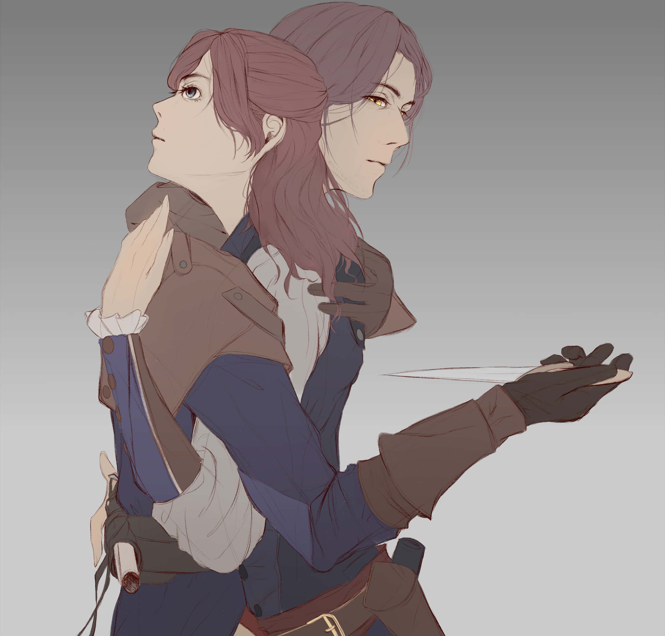 élise De La Serre 桌布 壁紙 — 兩個動漫角色穿著精細服裝，並排站在純灰色背景前，其中一個手持刀刃。