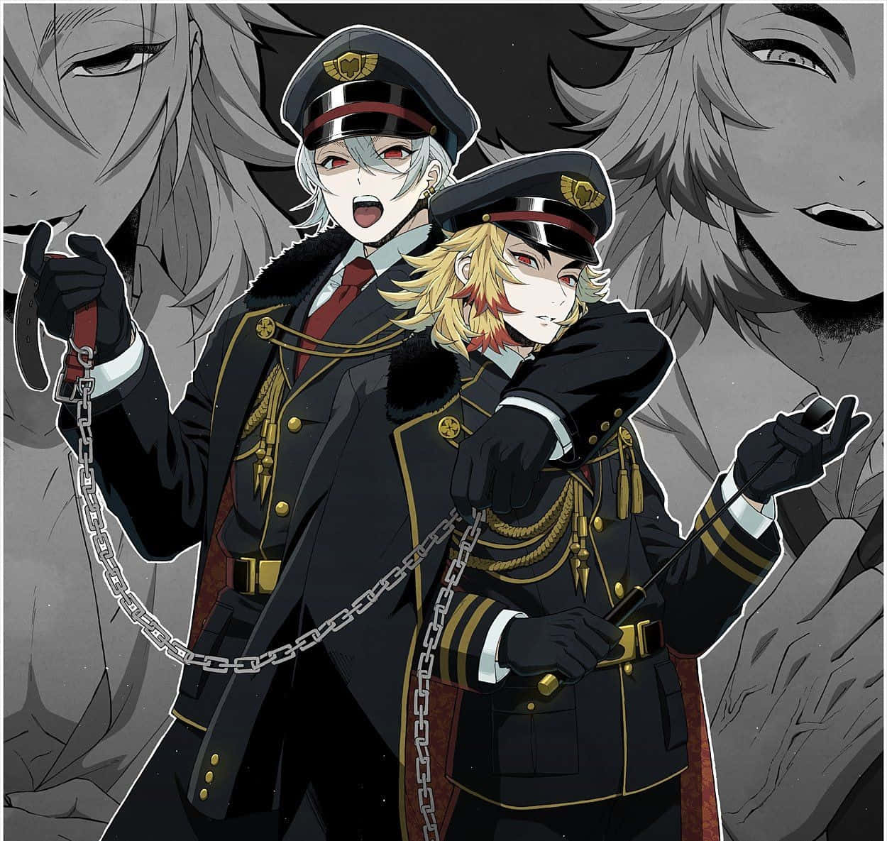 Rengoku And Tengen 桌布 壁紙 — 兩個動漫角色穿著華麗的軍服，在模糊面孔的黑白背景前戲劇性地擺姿勢。