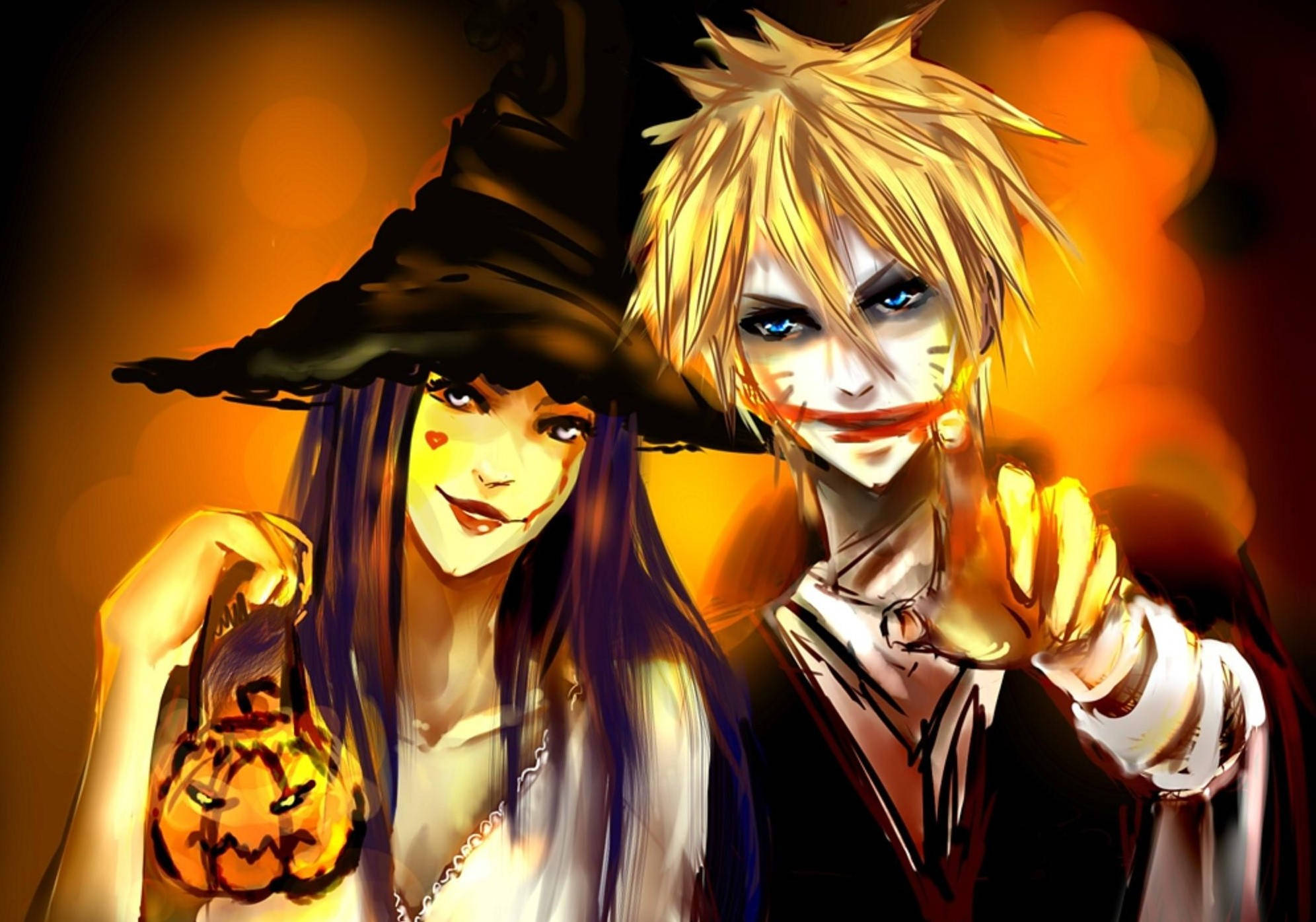 Creepy Anime 桌布 壁紙 — 兩個動漫角色穿著萬聖節服裝，在溫暖發光的背景前擺姿勢，一個是女巫拿著南瓜燈，另一個是吸血鬼，眼睛發光。