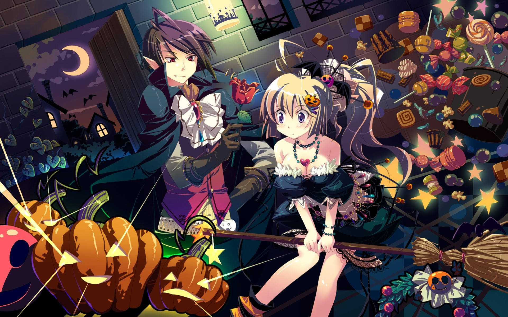 Anime Halloween 桌布 壁紙 — 兩個動漫角色穿著萬聖節服裝，站在新月下漂浮的糖果和南瓜之間。