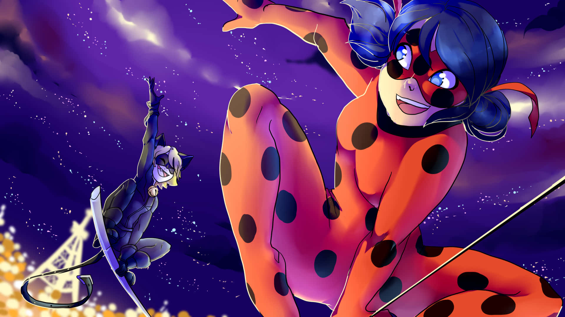 Miraculous 桌布 壁紙 — 兩個動漫角色穿著超級英雄服裝，在繁星點點的紫色夜空和下方發光的塔樓背景下動態擺姿勢。