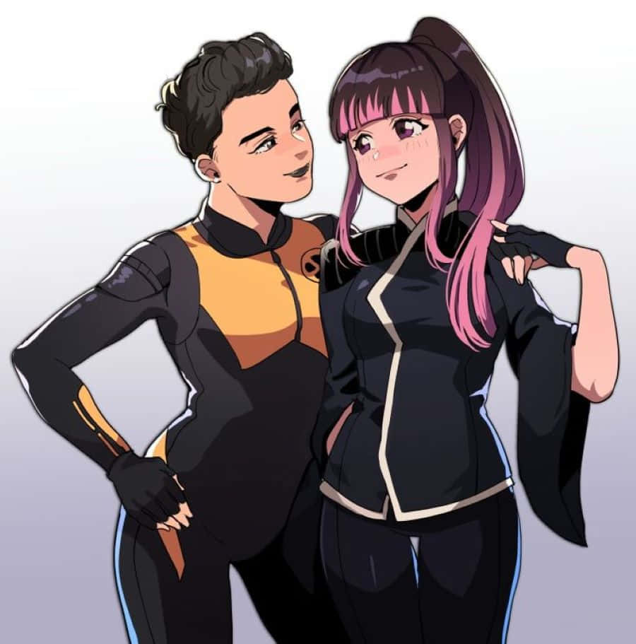 Negasonic Teenage Warhead 桌布 壁紙 — 兩個動漫角色穿著超級英雄服裝，在柔和的漸變背景前自信地擺姿勢。