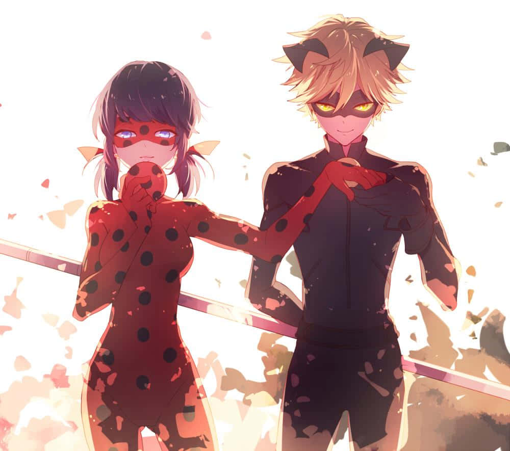 Ladybug And Cat Noir 桌布 壁紙 — 兩個動漫角色穿著超級英雄服裝，站在花瓣飄落的明亮背景前。