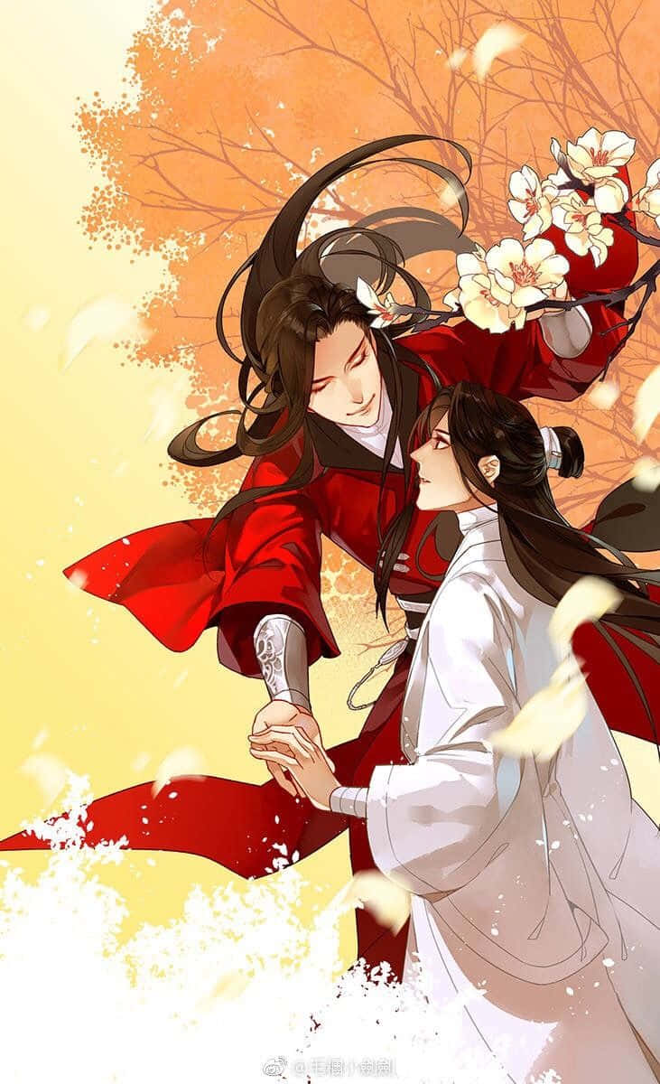 動漫 桌布 壁紙 — 兩個動漫角色穿著飄逸的紅色和白色長袍，在溫暖的橙色天空下，在飄落的櫻花中牽手。