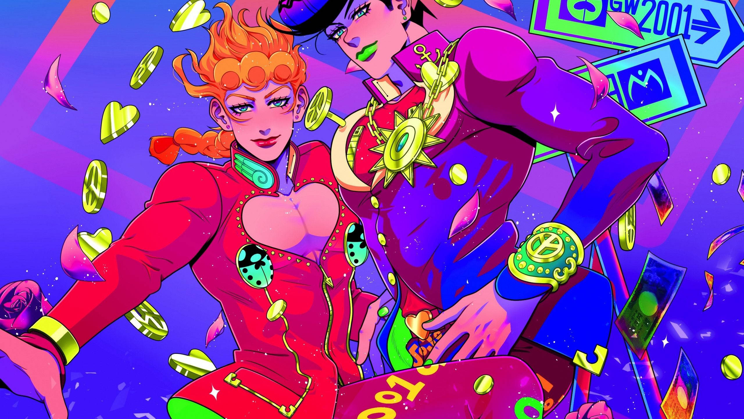 Giorno 桌布 壁紙 — 兩個動漫角色穿著鮮豔的紅色和紫色服裝，在漂浮的金幣和發光的標誌中，以霓虹紫色背景為襯托擺姿勢。