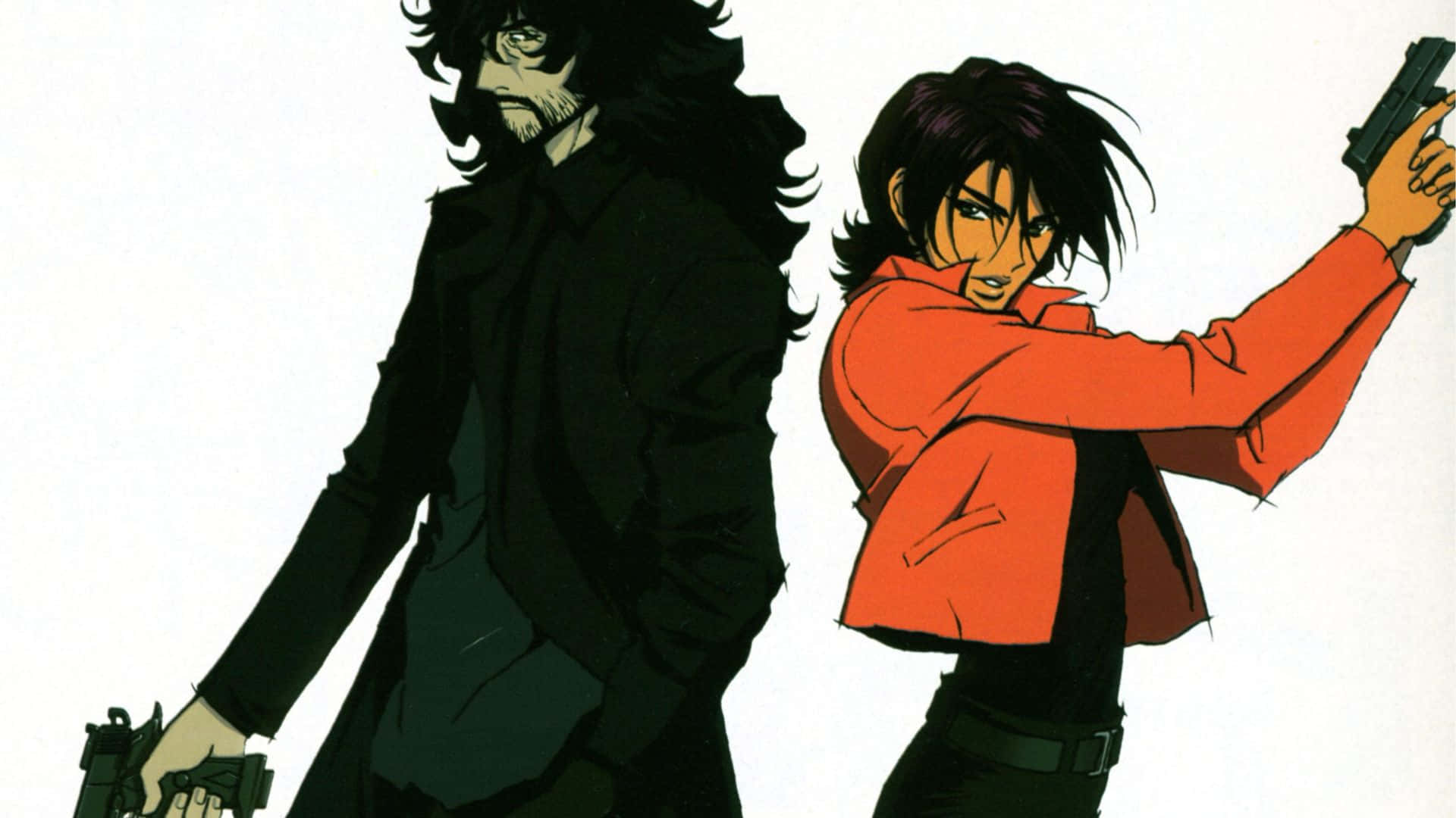 Cowboy Bebop Electra 桌布 壁紙 — 兩個動漫角色穿著黑色和紅色外套，在純白背景前持槍，表情強烈。