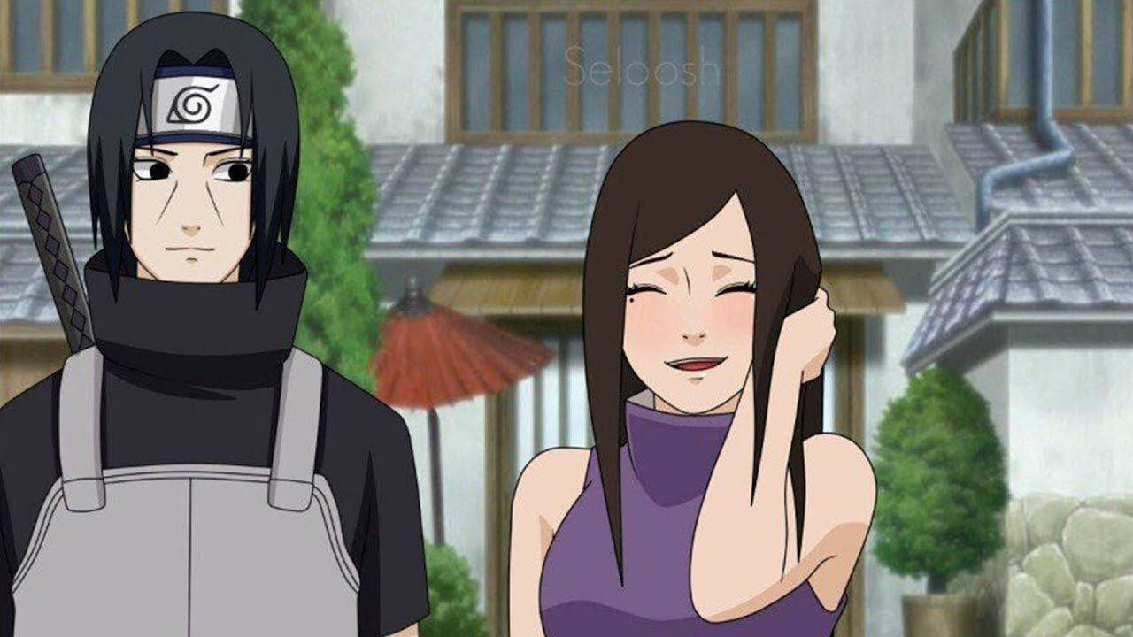 izumi uchiha 桌布 壁紙 — 兩個動漫角色站在一個傳統的日本村莊，有瓦片屋頂和綠植。