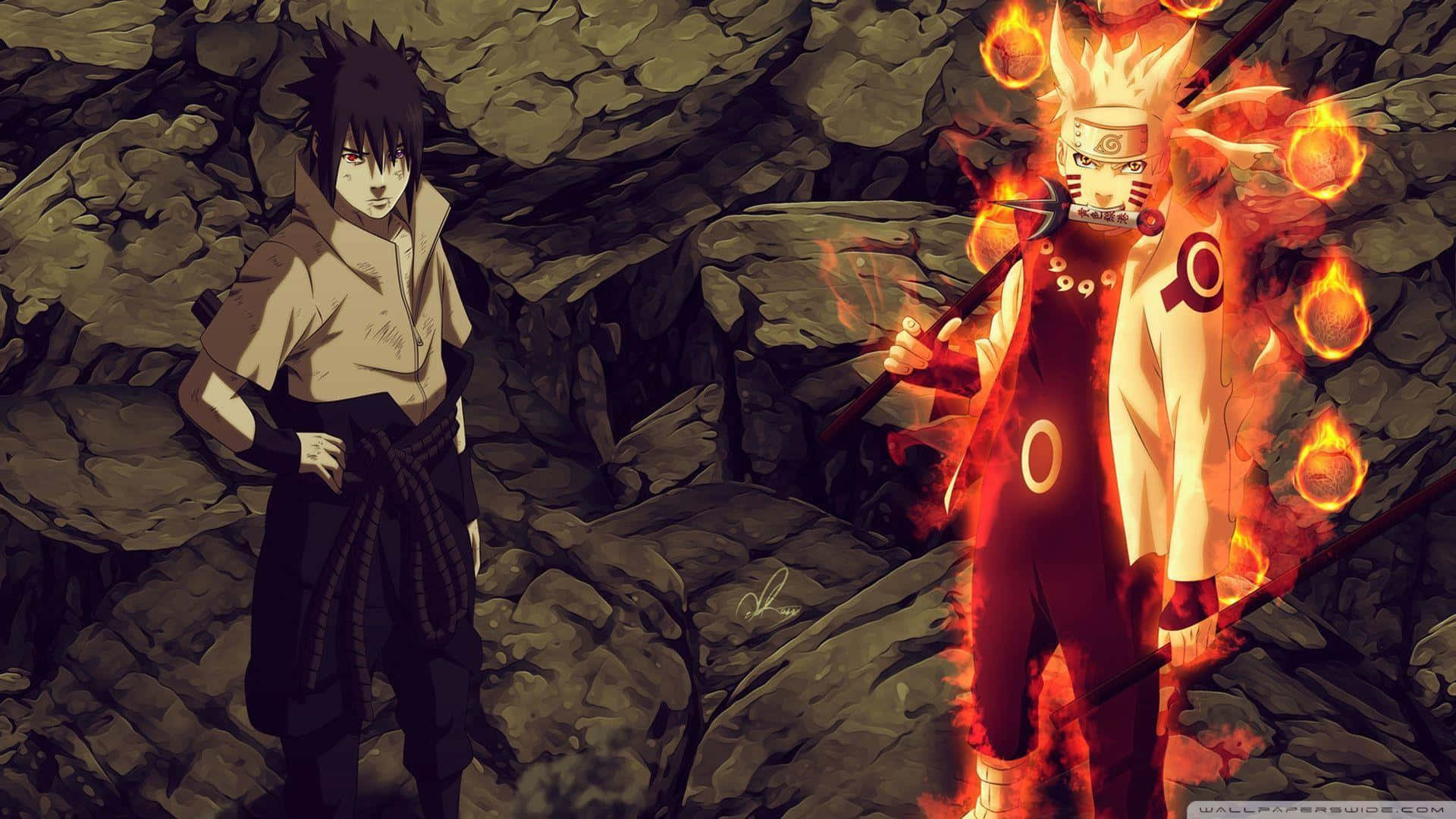 Naruto Anime 桌布 壁紙 — 兩個動漫角色站在一個岩石洞穴中，一個散發著熾熱的查克拉，另一個冷靜沉著。