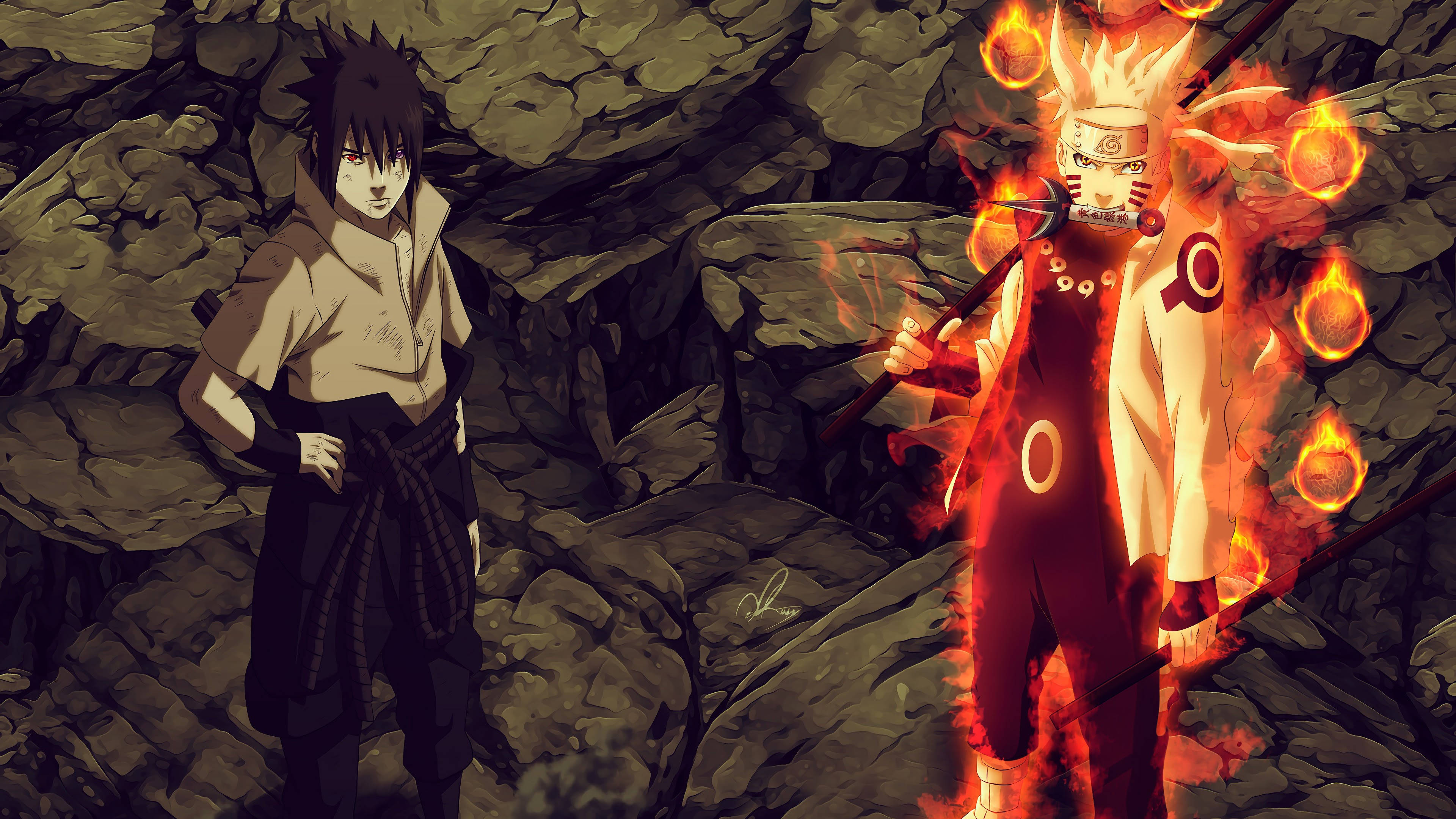 Naruto And Sasuke 桌布 壁紙 — 兩個動漫角色站在一個岩石洞穴中，一個被火焰查克拉吞噬，另一個冷靜沉著。