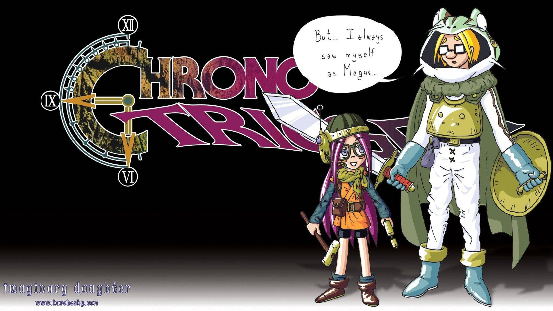 Chrono 桌布 壁紙 — 兩個動漫角色站在一個帶有「Chrono Trigger」文字的大型時鐘標誌前，背景為黑色。