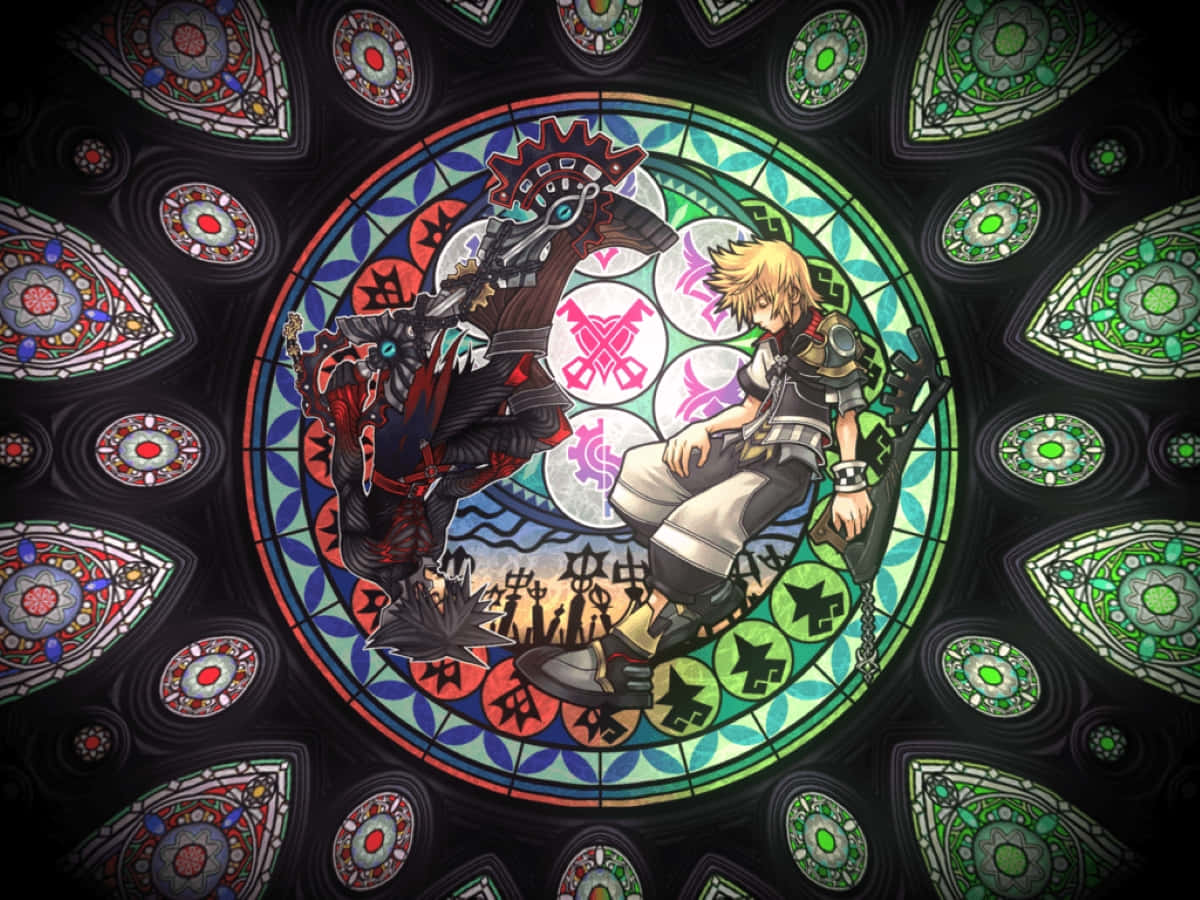 Kingdom Hearts Ventus 桌布 壁紙 — 兩個動漫角色站在一個帶有複雜幾何圖案和鮮豔色彩的彩繪玻璃窗前。