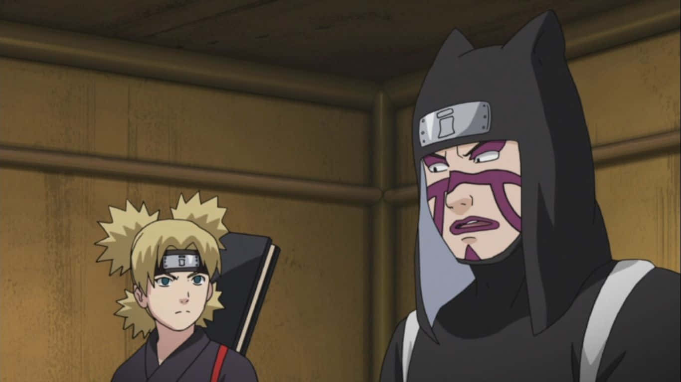 Kankuro 桌布 壁紙 — 兩個動漫角色站在一個木製房間裡，一個有尖刺金髮，另一個穿著帶有紫色標記的黑色連帽服裝。