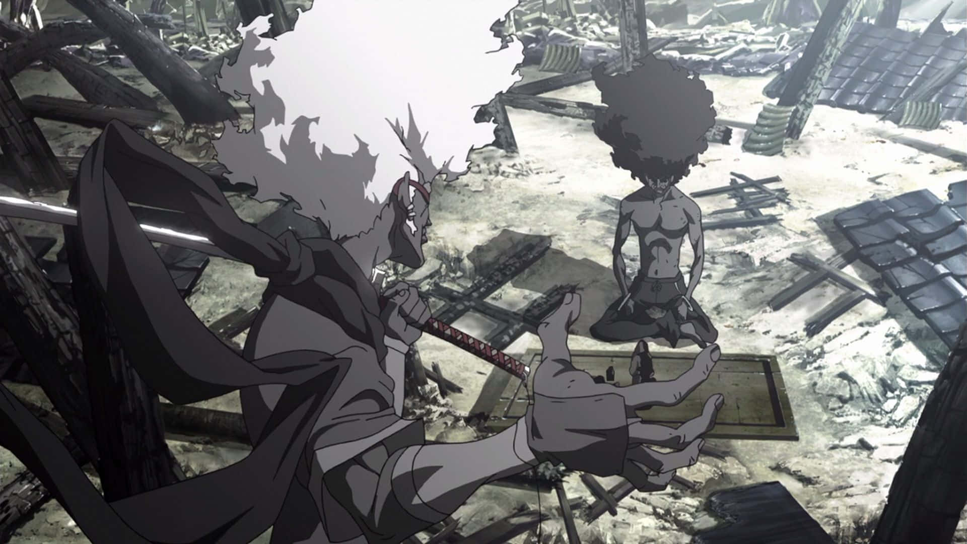 Afro Samurai 桌布 壁紙 — 兩個動漫角色站在一個毀壞的戰場上，有破碎的木結構和瓦礫，天空明亮。