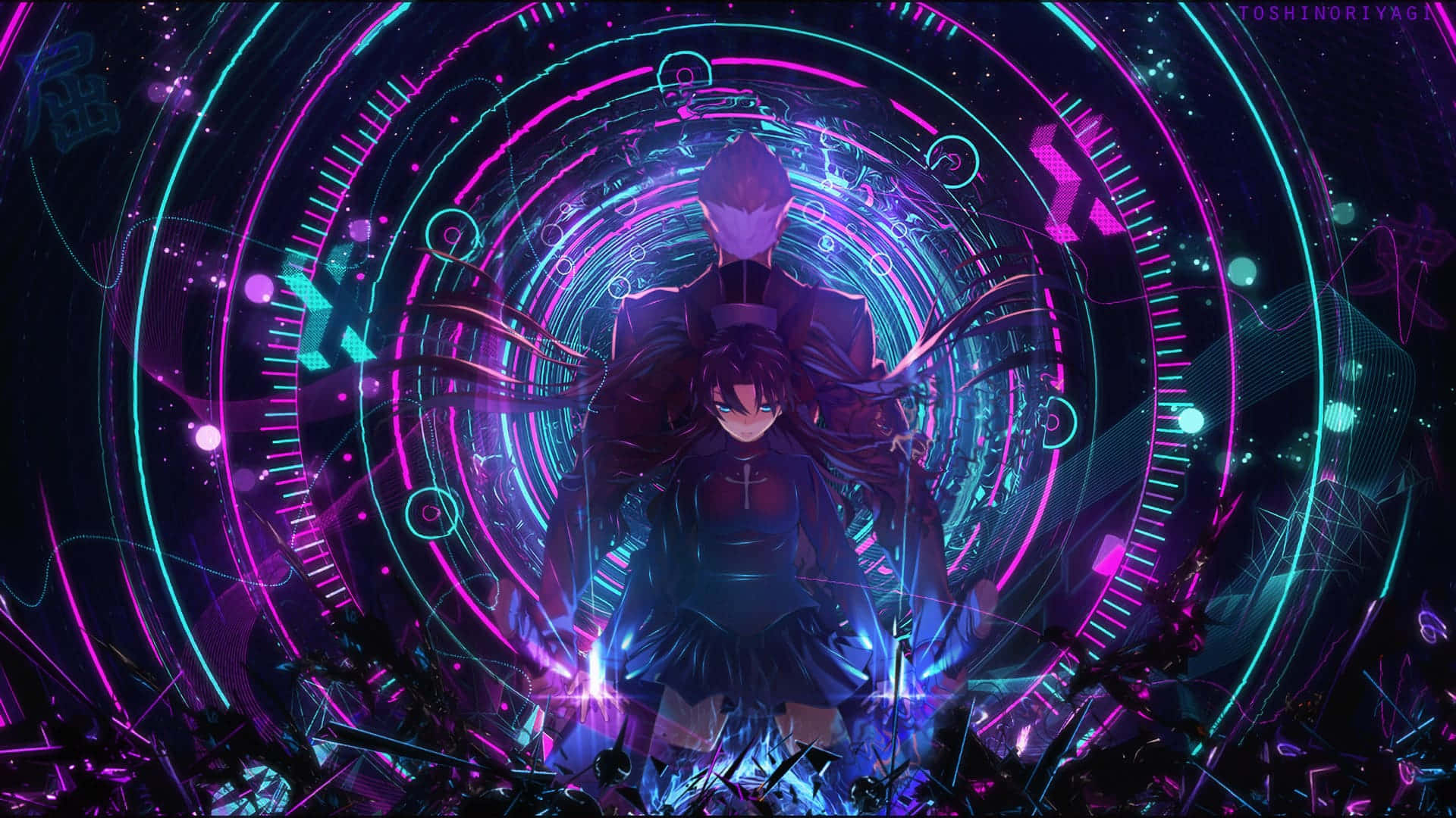 Purple Anime 桌布 壁紙 — 兩個動漫角色站在一個發光的霓虹數位隧道前，隧道內有旋轉的紫色和青色數位圖案。