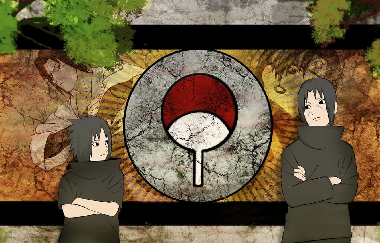 Uchiha Clan 桌布 壁紙 — 兩個動漫角色站在一個破裂的寫輪眼符號兩側，背景有紋理和綠色樹葉。