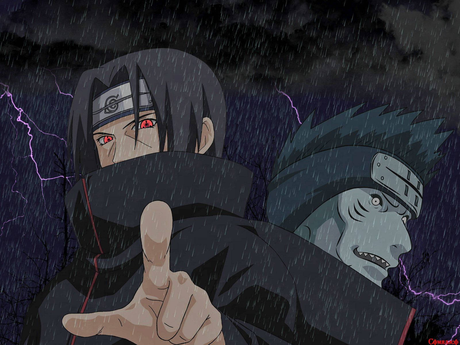 Itachi And Kisame 桌布 壁紙 — 兩個動漫角色站在一個風雨交加的夜晚，閃電和雨水交織，其中一人用強烈的紅眼睛指向前方。