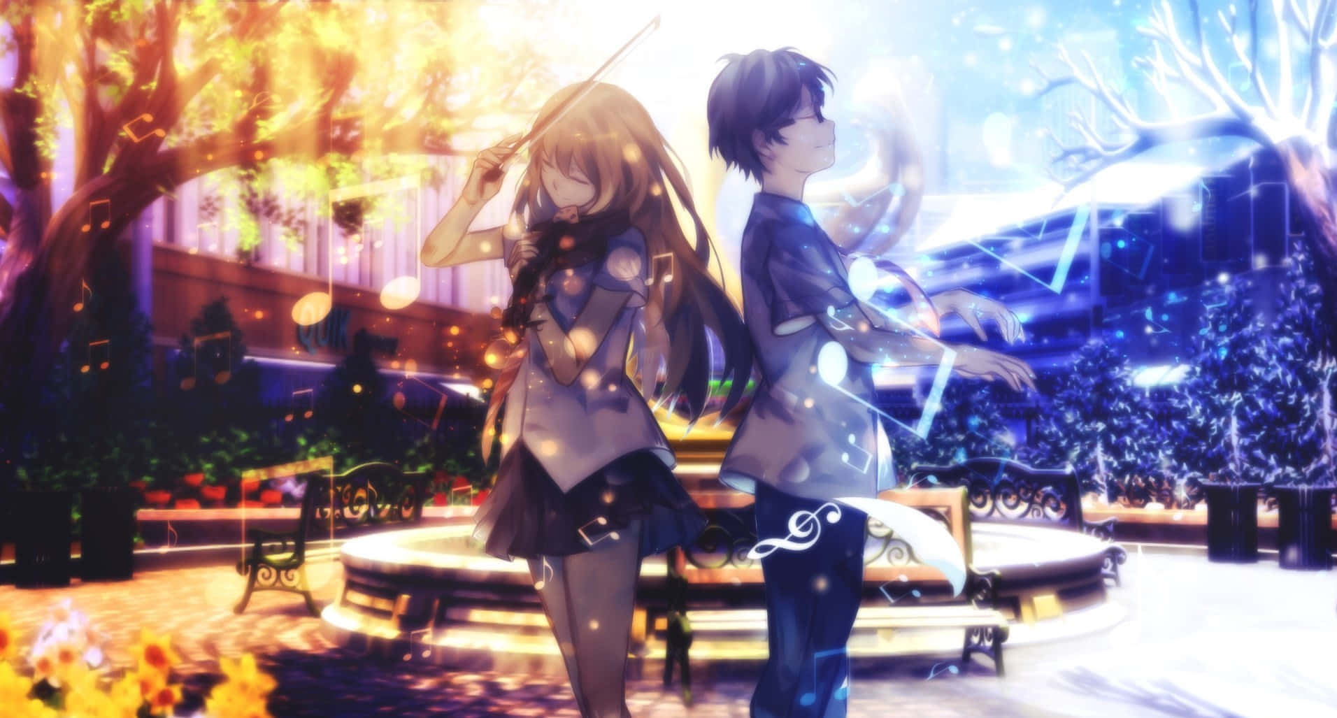 Your Lie In April 桌布 壁紙 — 兩個動漫角色站在一個魔法公園中，金色和藍色的光芒伴隨著漂浮的音符在他們周圍旋轉。