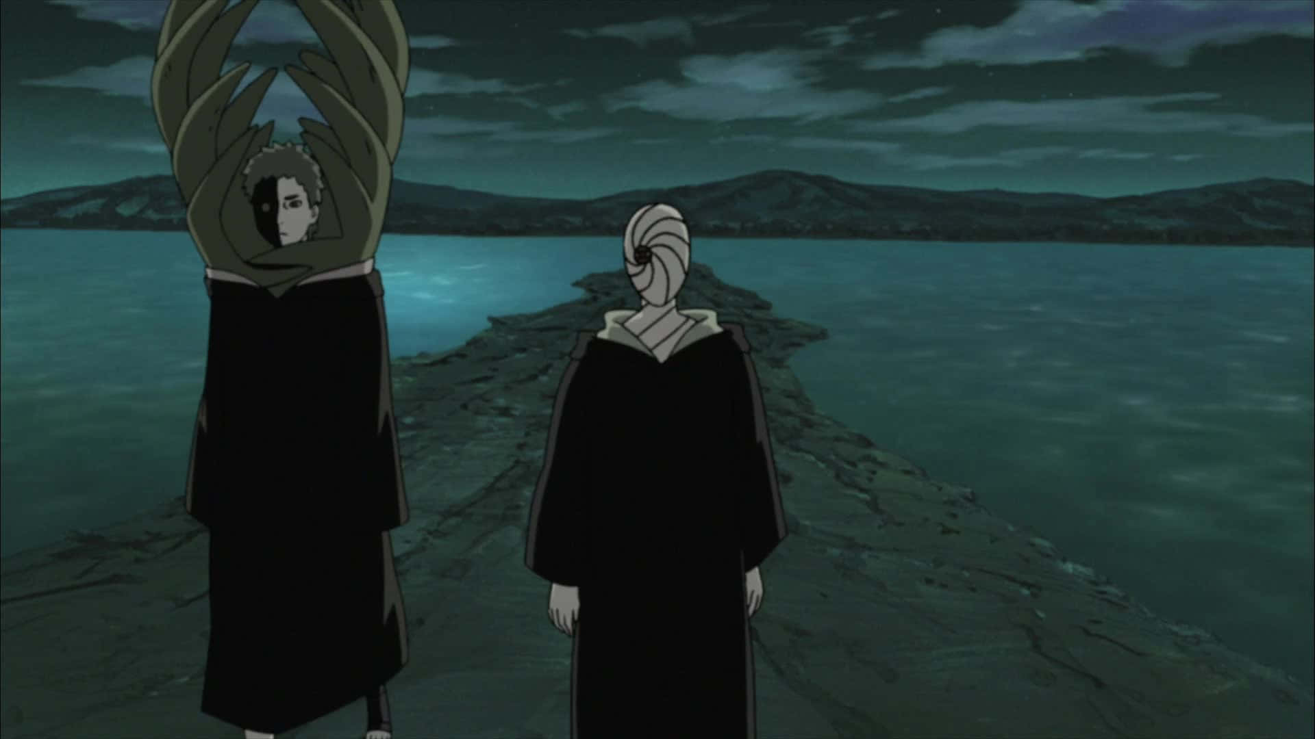 Black Zetsu 桌布 壁紙 — 兩個動漫角色站在一條岩石小徑上，俯瞰著廣闊的青綠色海洋，天空陰暗多雲。
