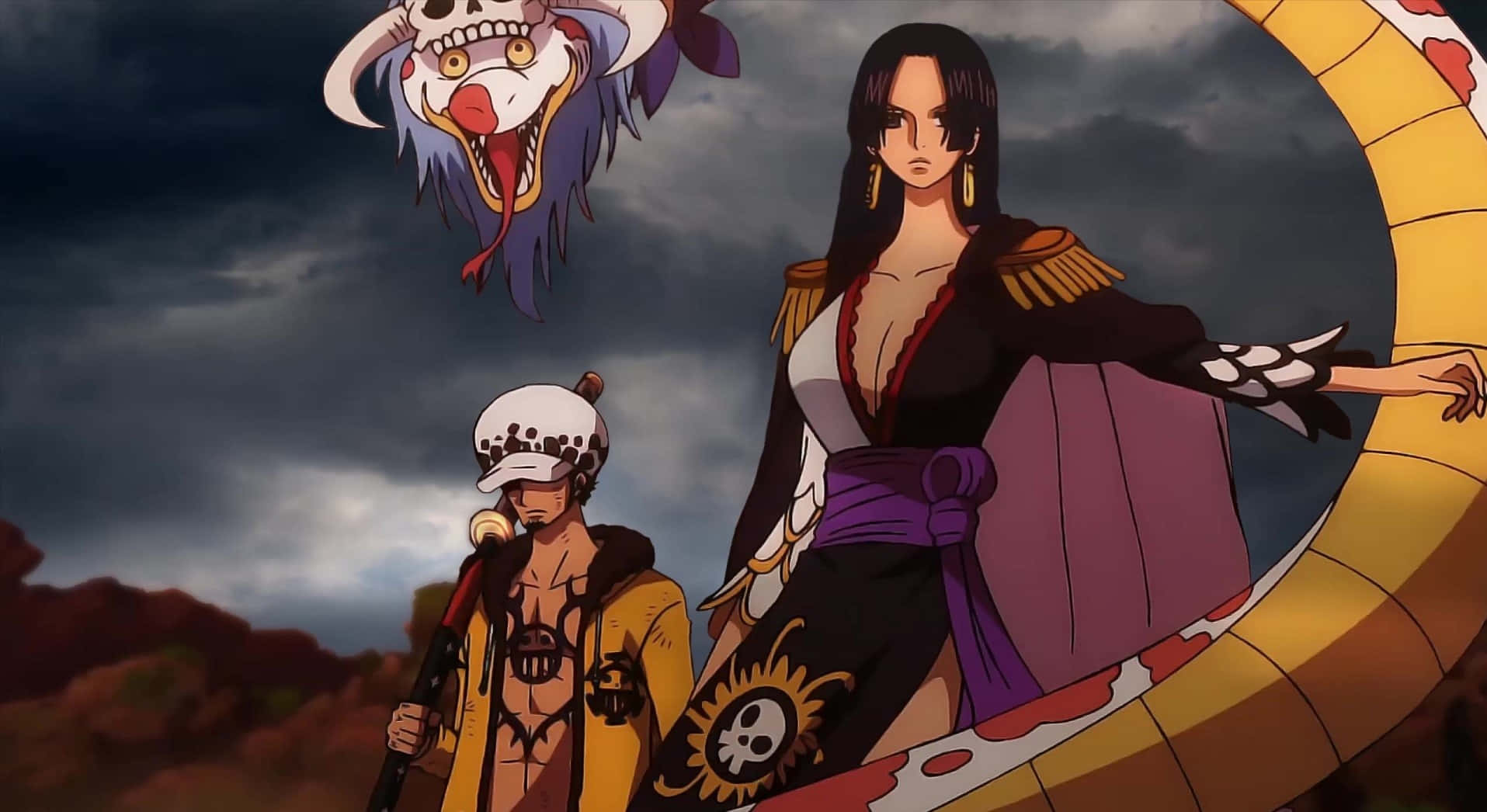 One Piece Stampede 桌布 壁紙 — 兩個動漫角色站在一條巨蛇前，天空風暴密佈，一個骷髏臉生物漂浮在上方。