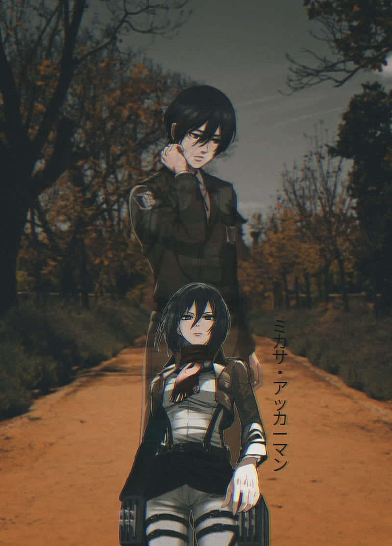 Mikasa Ackerman 桌布 壁紙 — 兩個動漫角色站在一條被秋樹環繞的泥路上，天空暗淡。