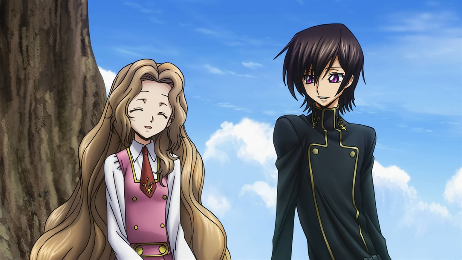 lelouch lamperouge 桌布 壁紙 — 兩個動漫角色站在一棵樹旁，背景是明亮的藍天和蓬鬆的白雲。