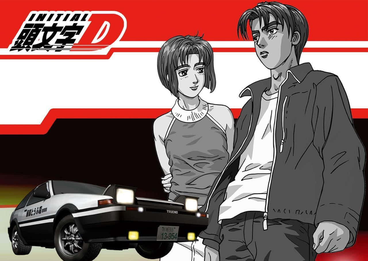 Characters 桌布 壁紙 — 兩個動漫角色站在一輛白色和黑色的AE86 Trueno旁邊，車頭燈發光，背景為大膽的紅色和白色。