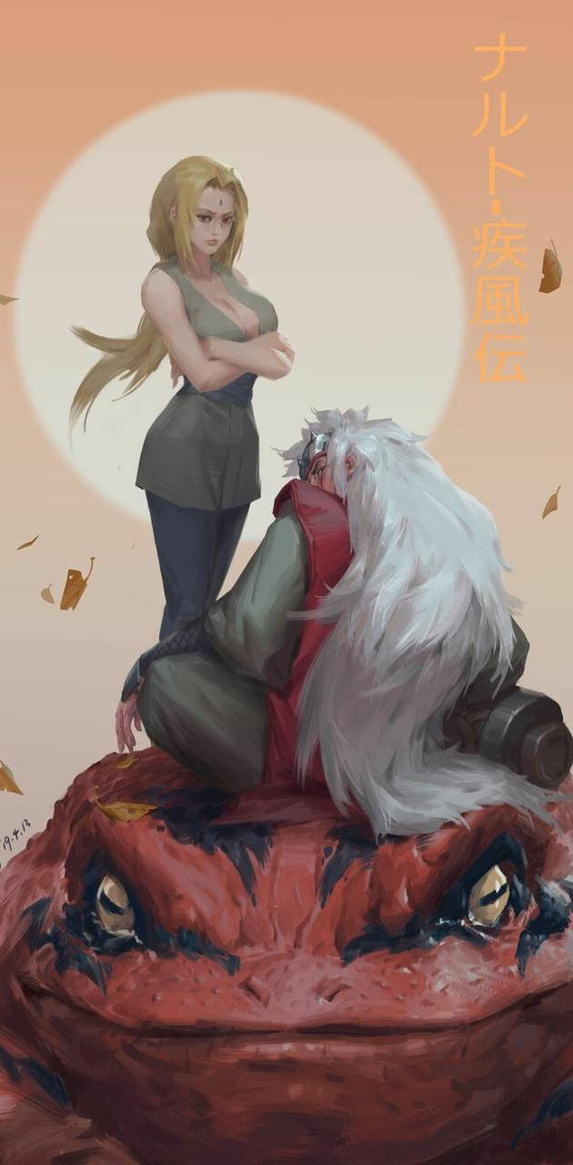 火影忍者 桌布 壁紙 — 兩個動漫角色站在一隻巨大的紅色蟾蜍上，在發光的橙色太陽下，落葉飄飄。