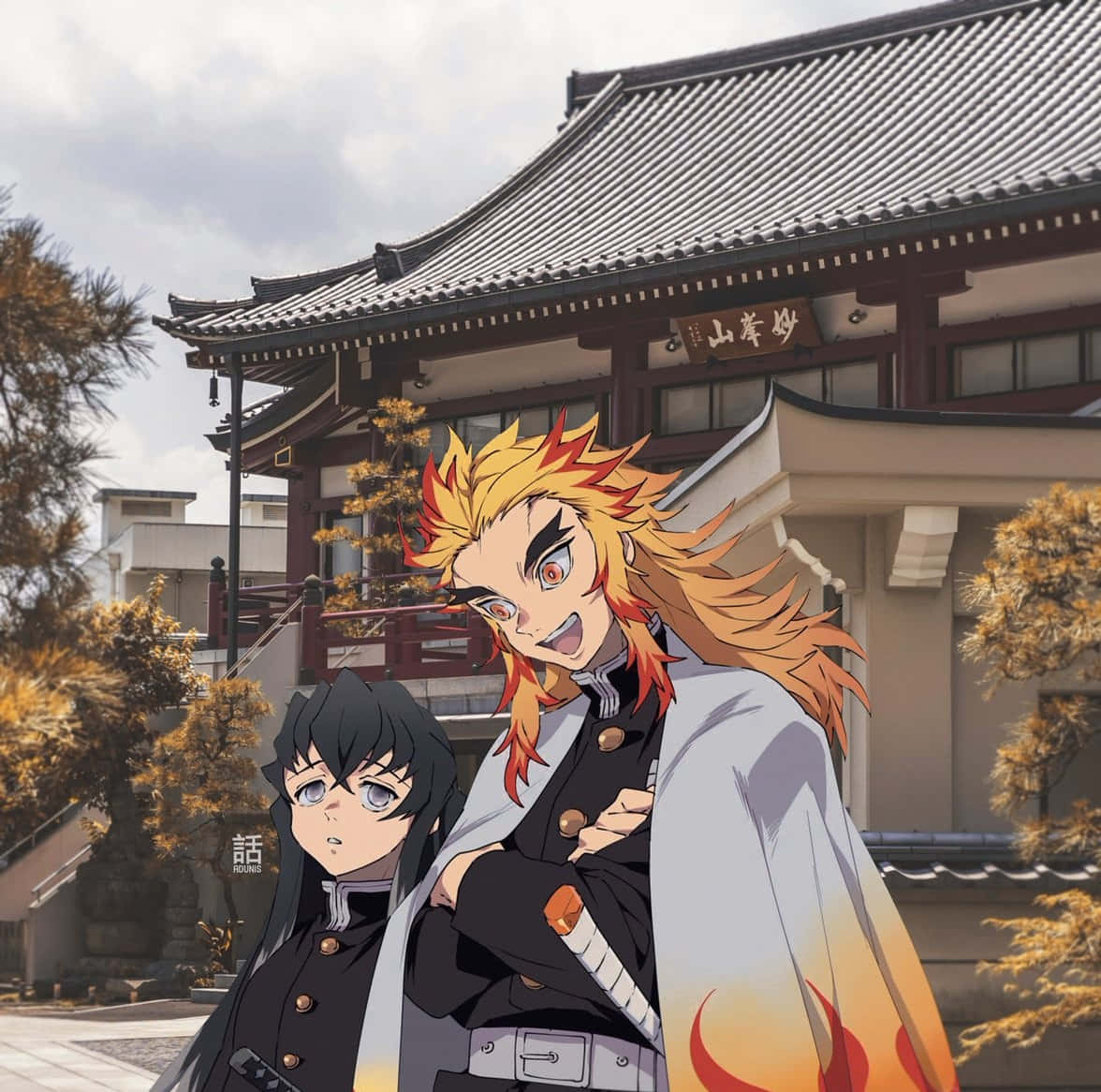 兩個動漫角色在日本神社前，秋葉點綴。 — Fire Emblem Warriors 壁紙
