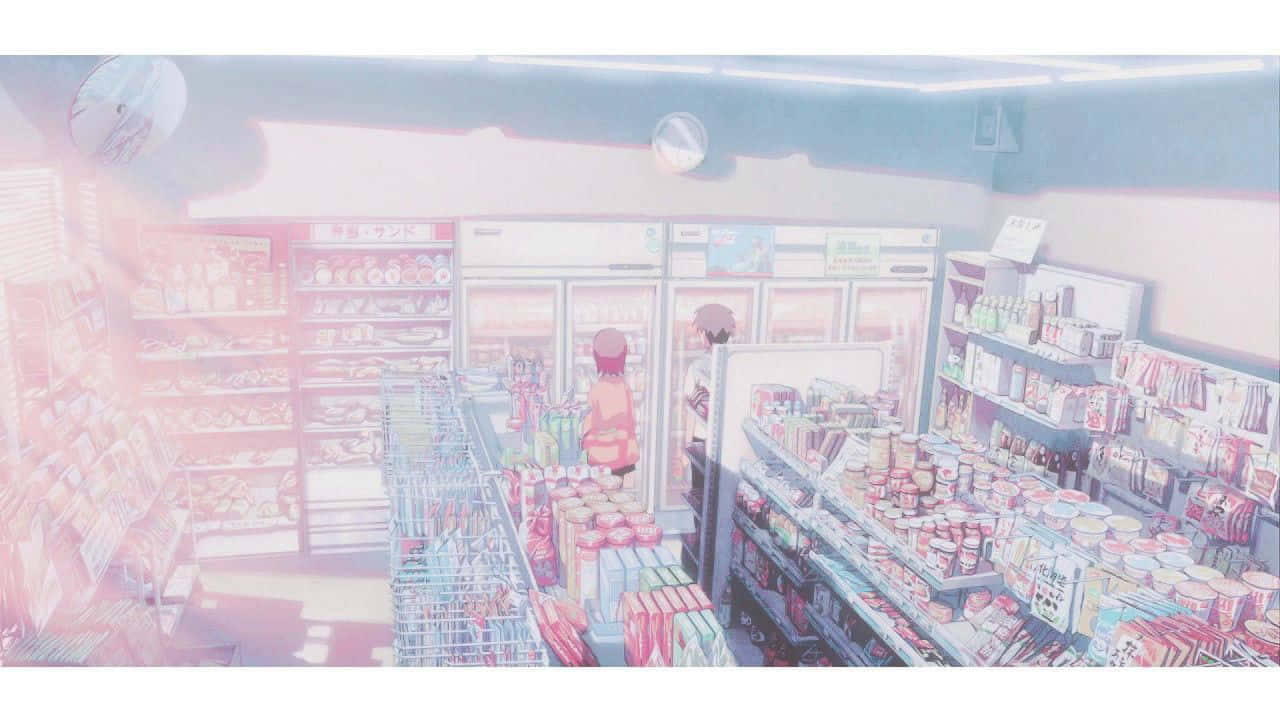 粉色動漫美學 桌布 壁紙 — 兩個動漫角色站在光線明亮的便利商店通道中，沐浴在柔和的粉紅色和藍色色調中。