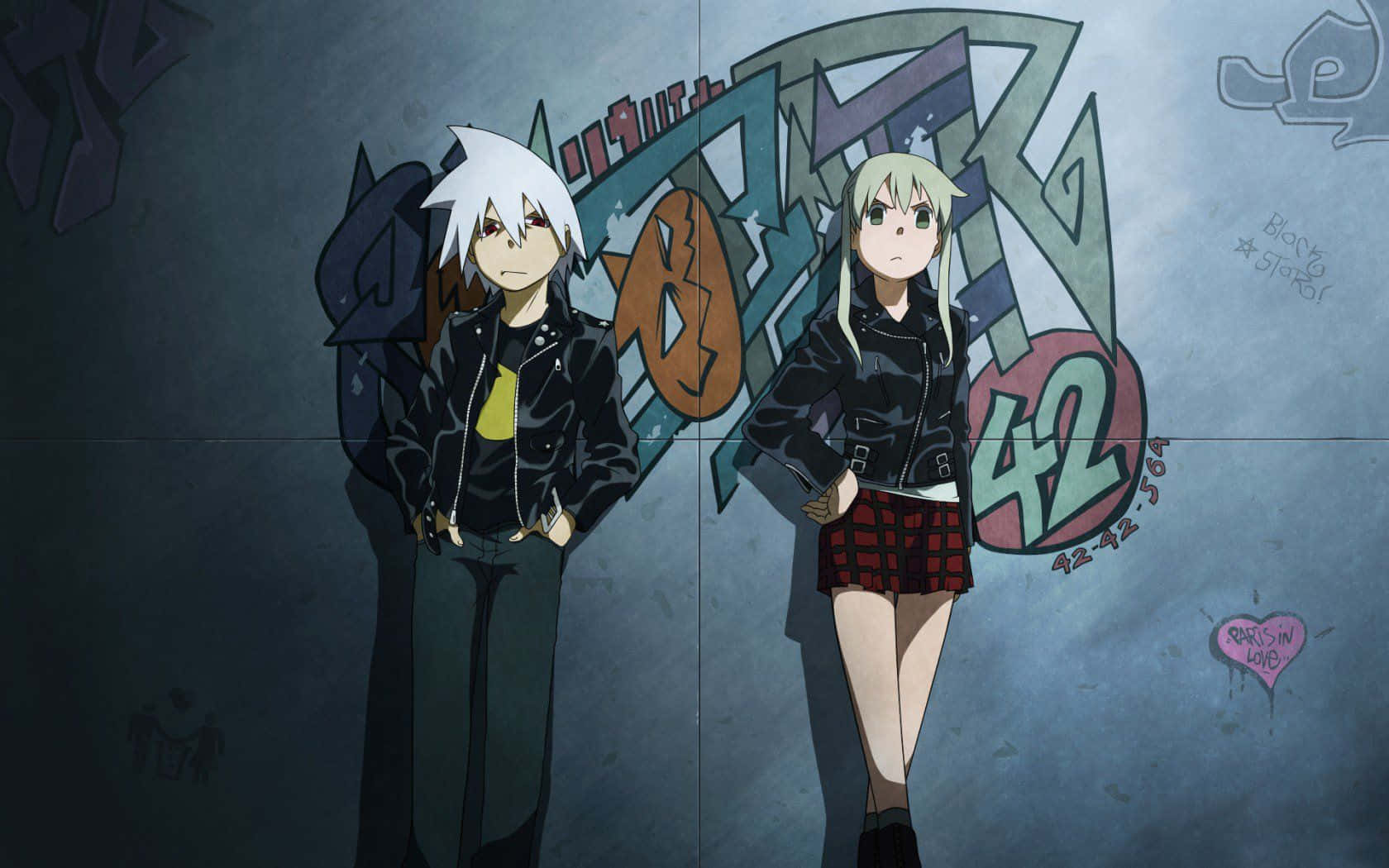 Soul Eater 桌布 壁紙 — 兩個動漫角色站在塗鴉牆前，燈光昏暗，背後有鮮明的街頭藝術。