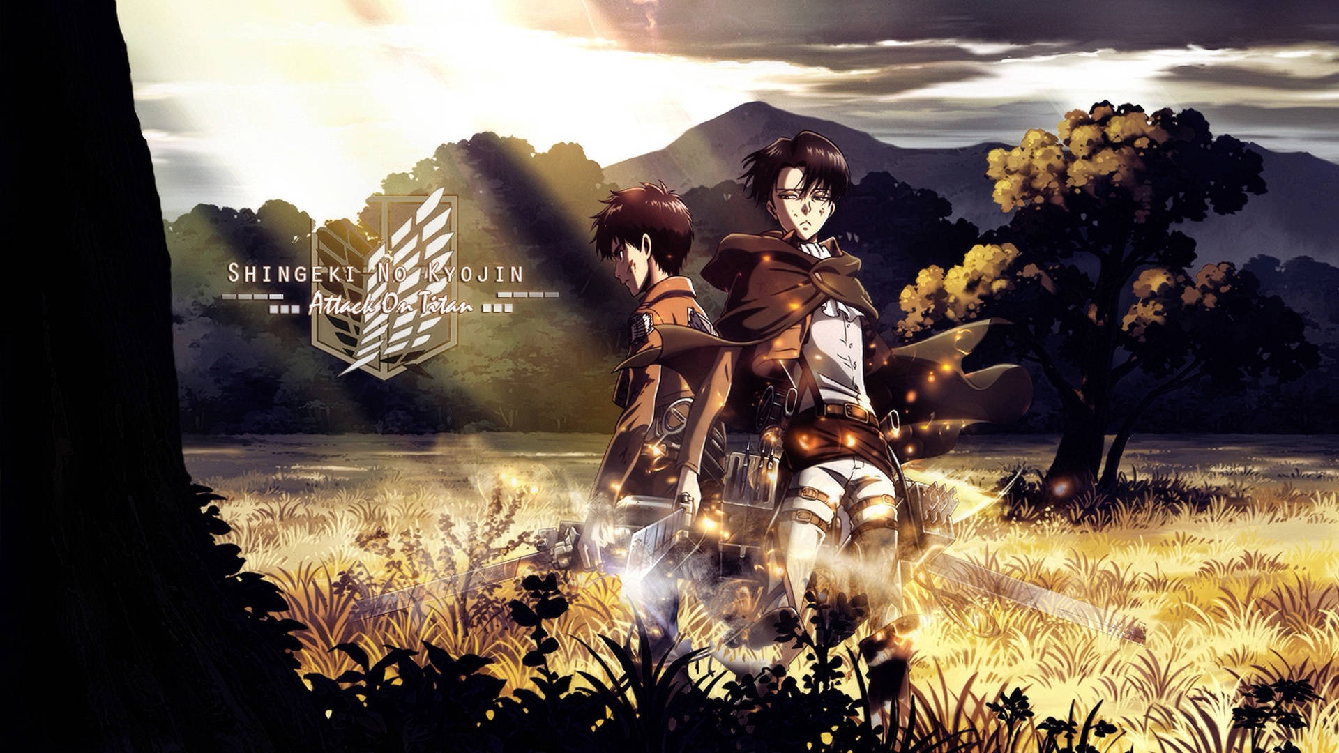 levi aesthetic 桌布 壁紙 — 兩個動漫角色站在夕陽下的金色田野中，背景有山脈和樹木。