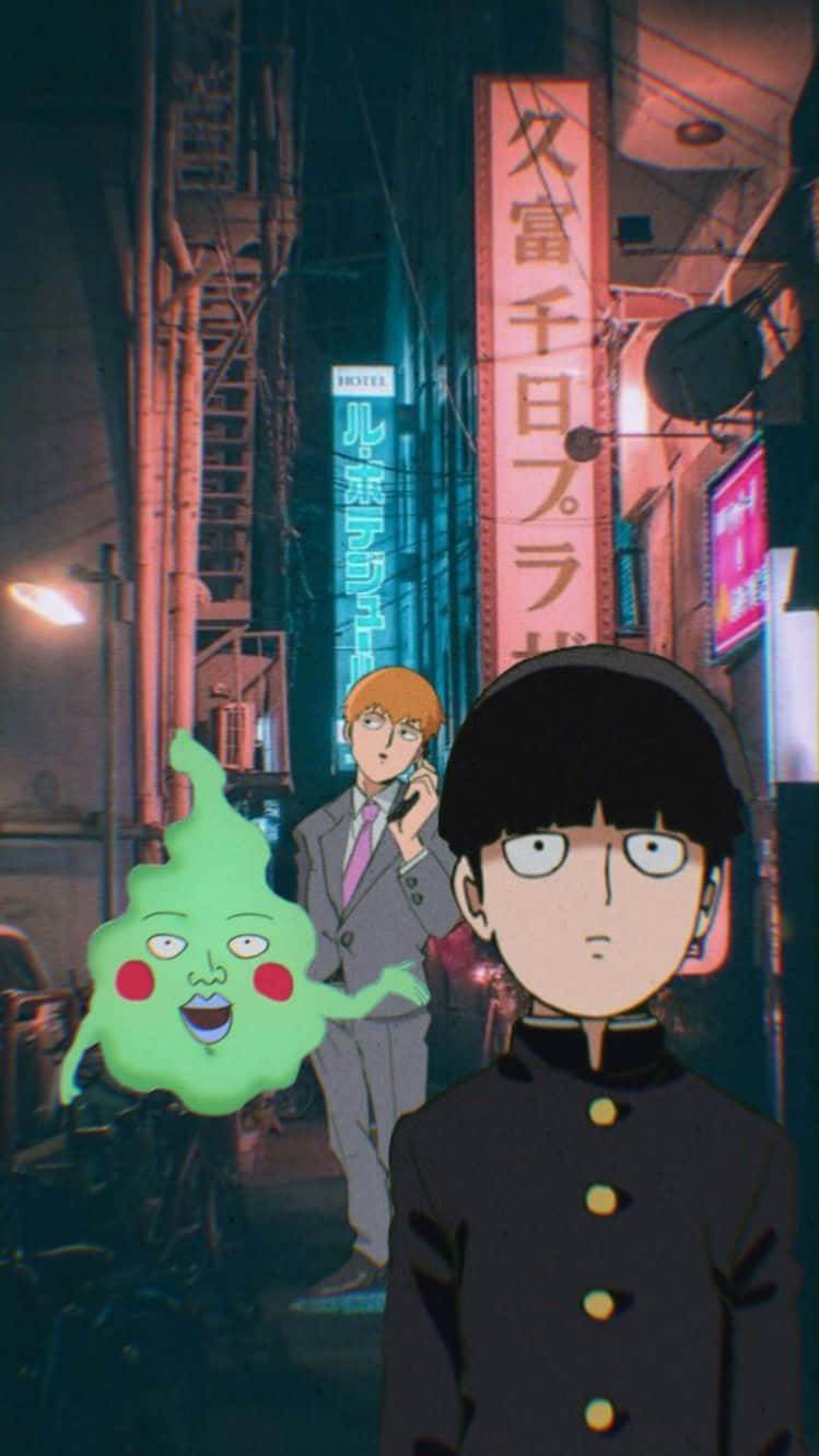 動漫 桌布 壁紙 — 兩個動漫角色站在夜晚霓虹燈閃爍的東京小巷中，旁邊有發光的招牌和一個綠色的幽靈般的身影。