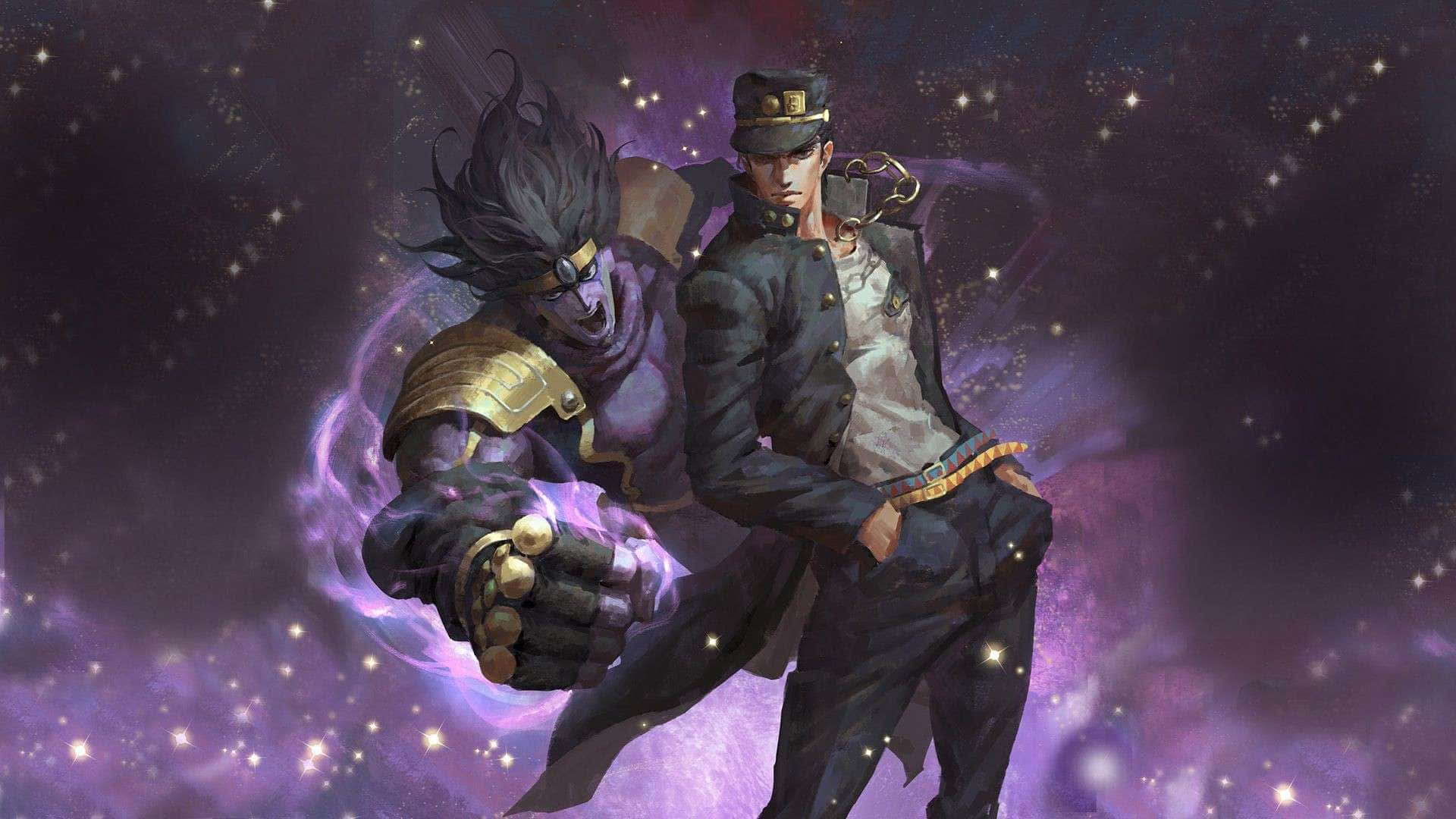 Jojo's Bizarre Adventure 桌布 壁紙 — 兩個動漫角色站在宇宙紫色星空背景下，一個穿著軍裝，另一個擁有發光的拳頭和狂野的頭髮。