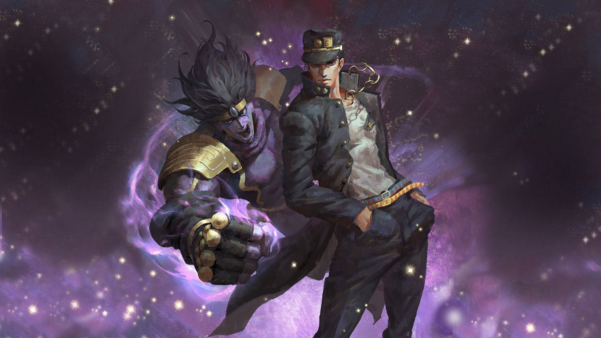 Jojo 桌布 壁紙 — 兩個動漫角色站在宇宙紫色星空背景下，一個穿著軍裝，另一個穿著紫色盔甲，拳頭發光。