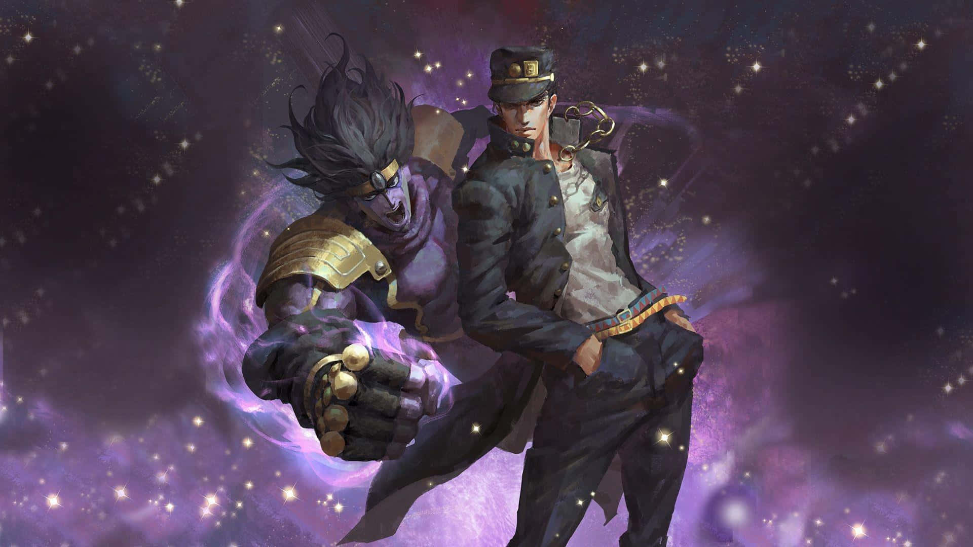Jotaro 桌布 壁紙 — 兩個動漫角色站在宇宙紫色星空背景下，一個穿著軍裝，另一個擁有發光的拳頭和狂野的頭髮。