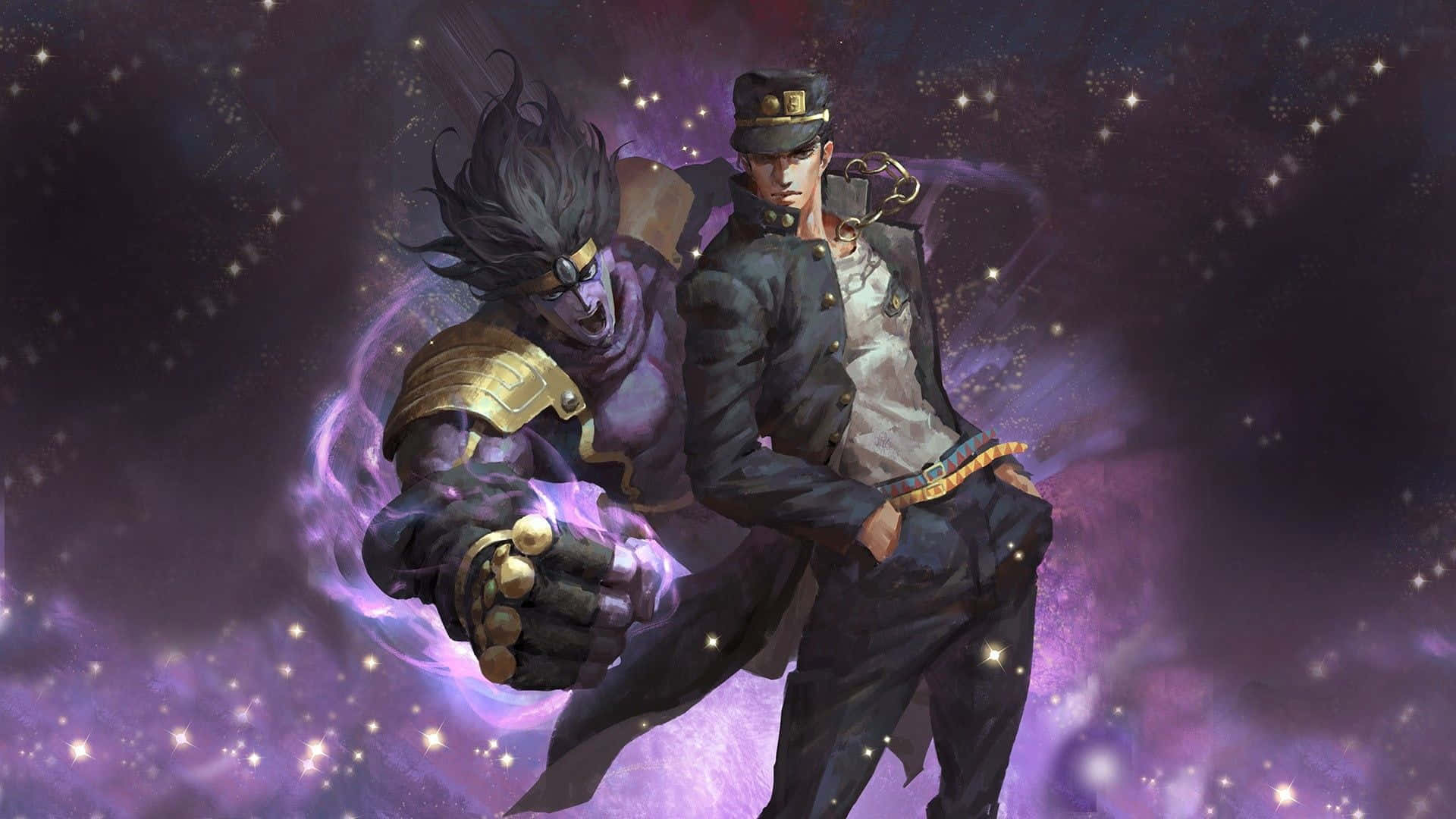 Battle Tendency 桌布 壁紙 — 兩個動漫角色站在宇宙紫色星雲中，一個拳頭發光，另一個穿著軍裝，兩者都被星星包圍。