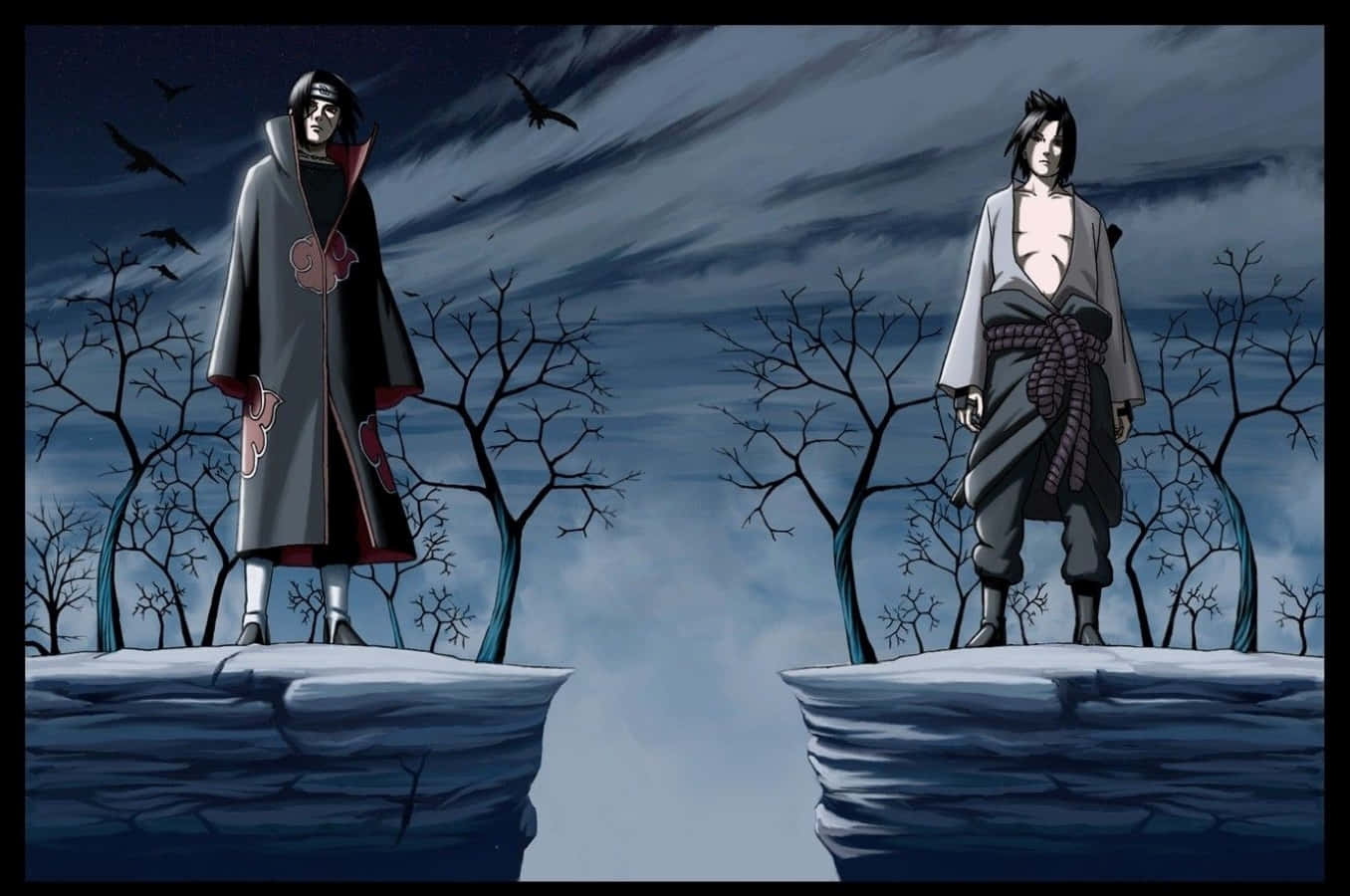 Akatsuki Sasuke 桌布 壁紙 — 兩個動漫角色站在對立的懸崖上，天空風暴來襲，有光禿的樹木和飛翔的烏鴉。