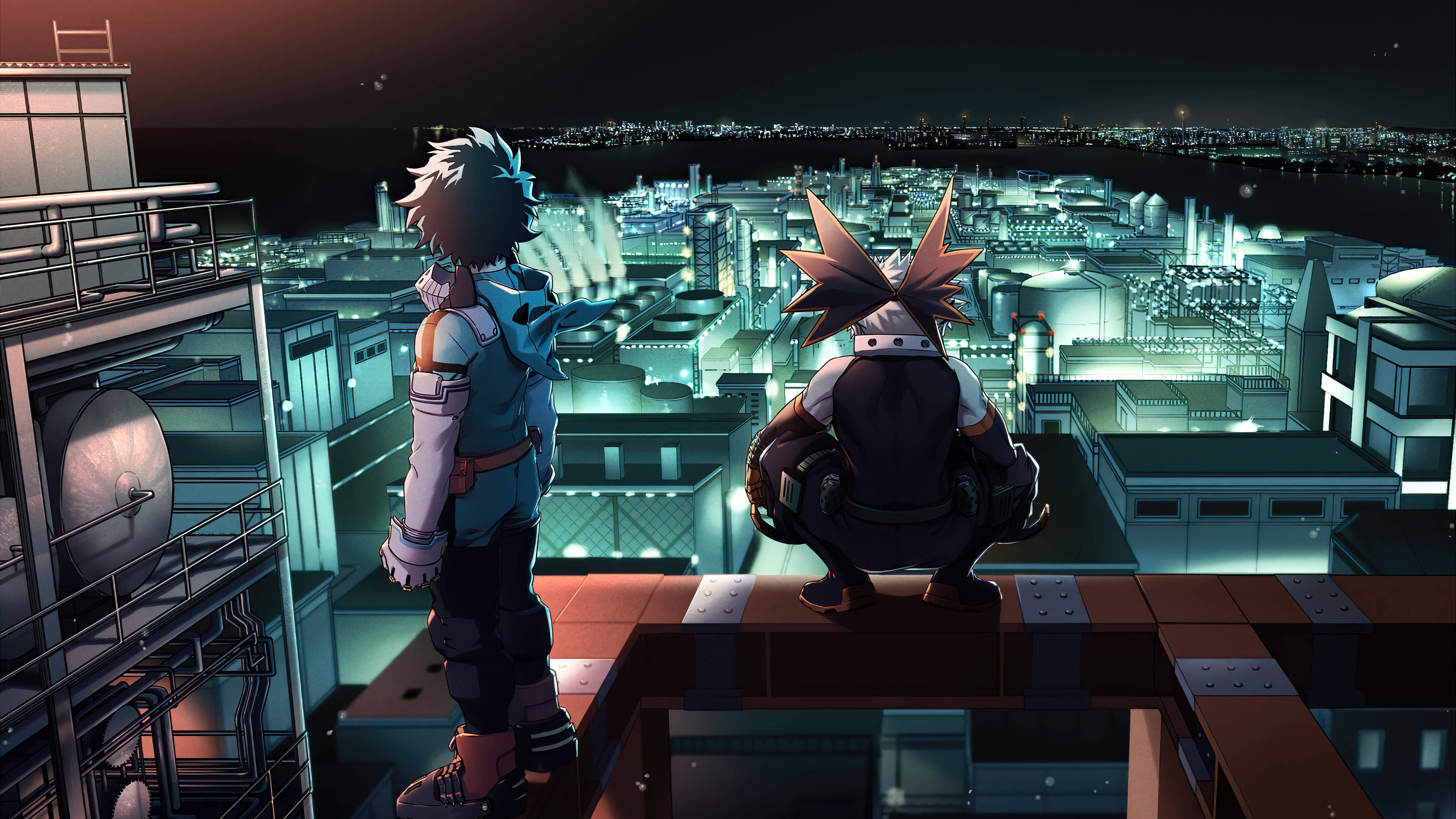 Villain 桌布 壁紙 — 兩個動漫角色站在屋頂上，俯瞰夜晚閃爍的霓虹城市景觀。