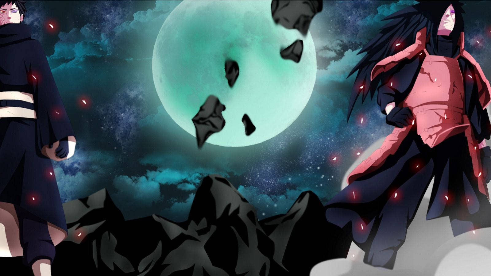 宇智波斑 桌布 壁紙 — 兩個動漫角色站在岩石地形上，下方是黑暗宇宙天空中破碎的發光月亮。