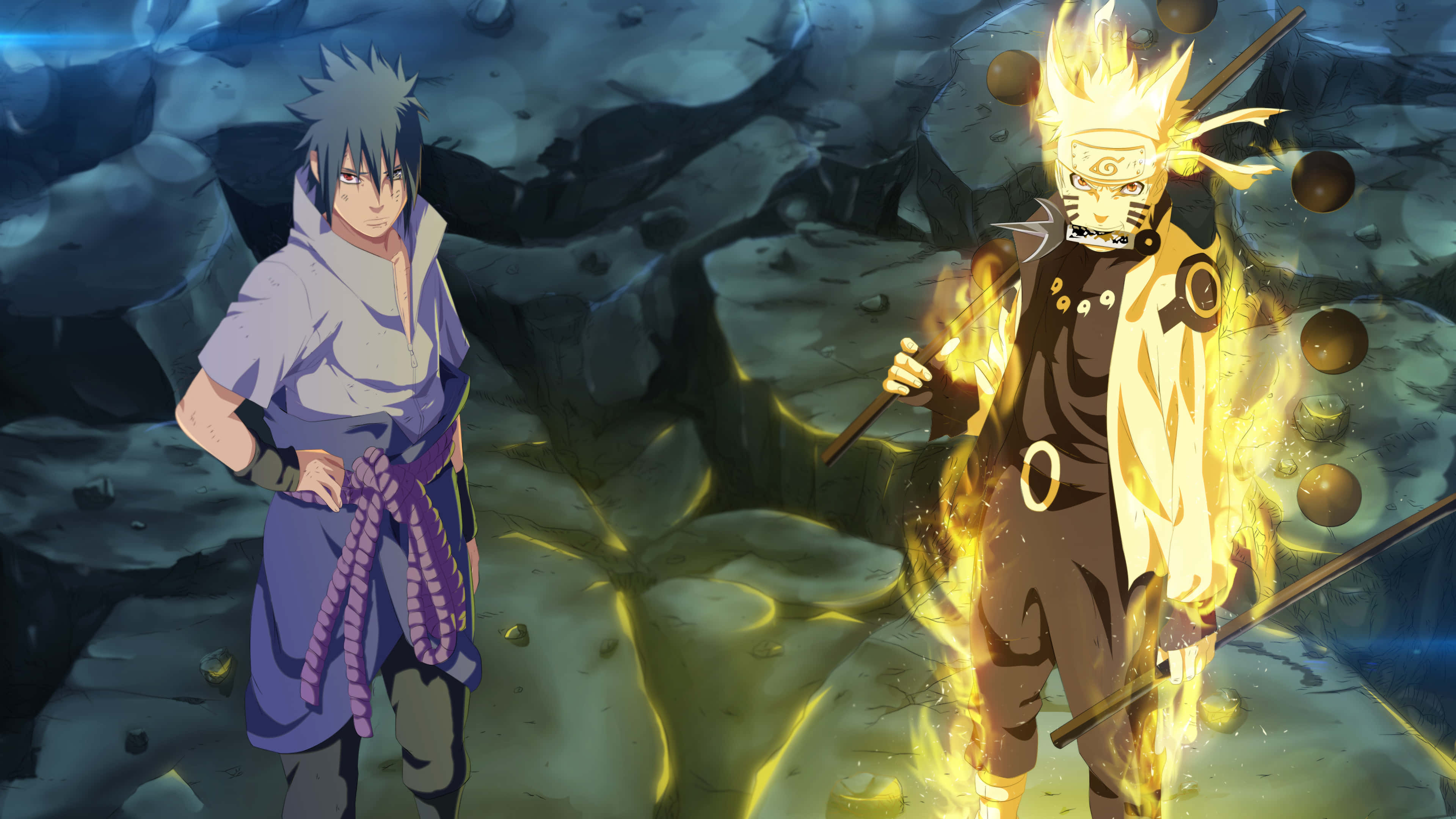 Sasuke 桌布 壁紙 — 兩個動漫角色站在岩石洞穴中，一個散發著金色查克拉，另一個穿著紫色服裝，兩者都散發出強烈的能量。